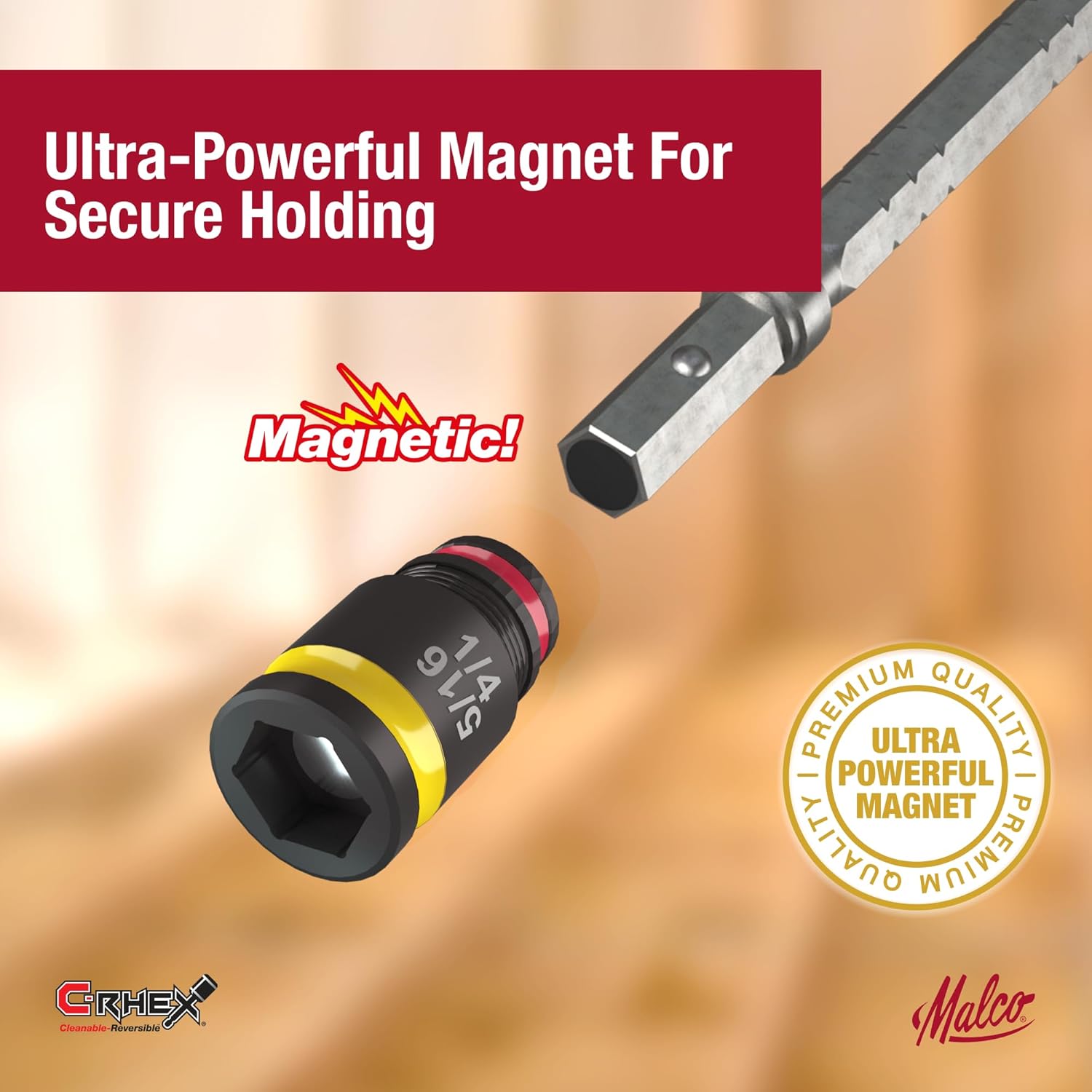Malco 7-in-1 C-RHEX Flip Bit Socket Set with 3 cleanable, reversible, and stackable, color-coded sockets featuring an ultra-powerful magnet and a T25 integrated driver head. Impact Rated.
