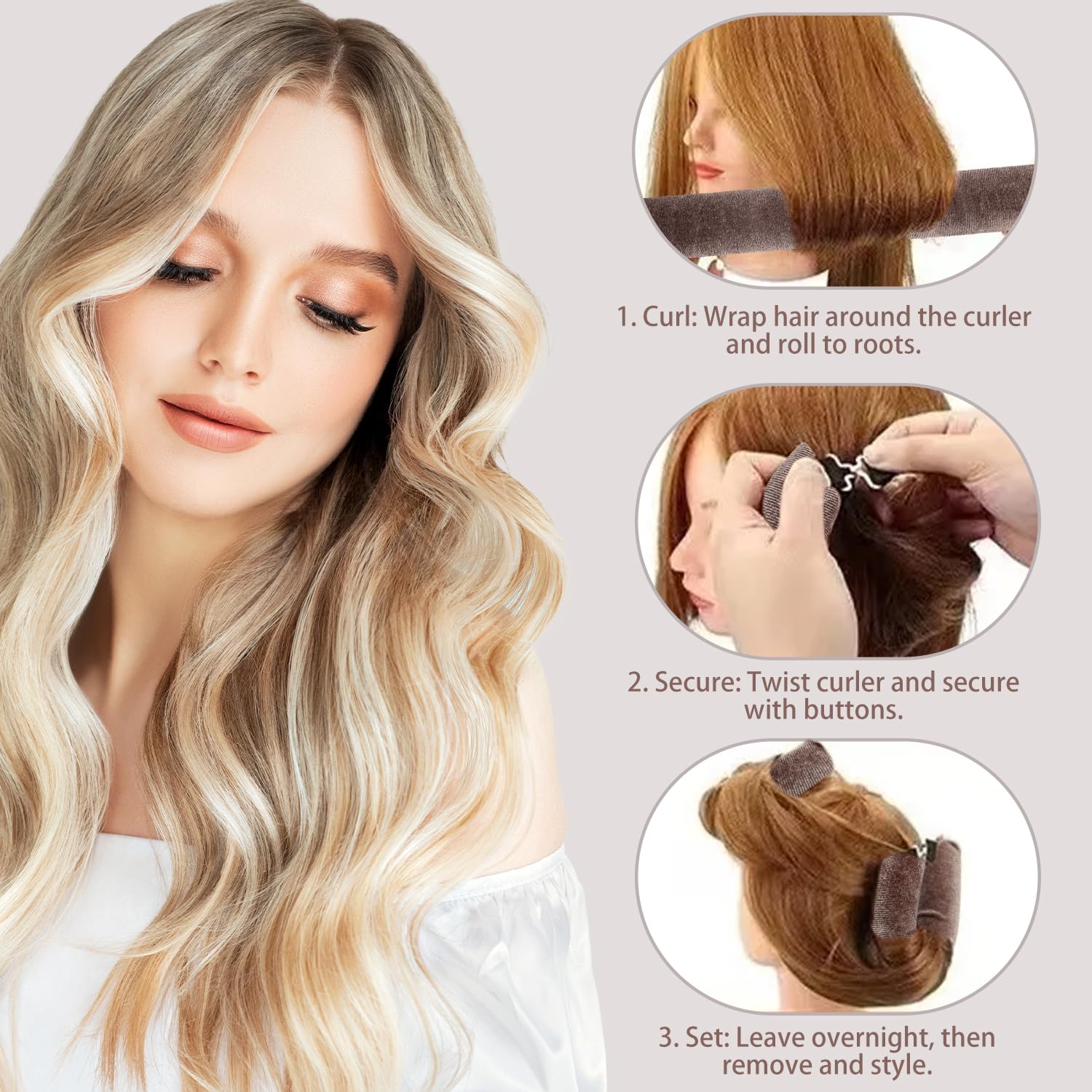 3 Pcs Heatless Curlers Headband Hair Styling Set - No Heat Blowout Rods for Long Short Wavy Hair DIY Styling (Brown) - Image 3