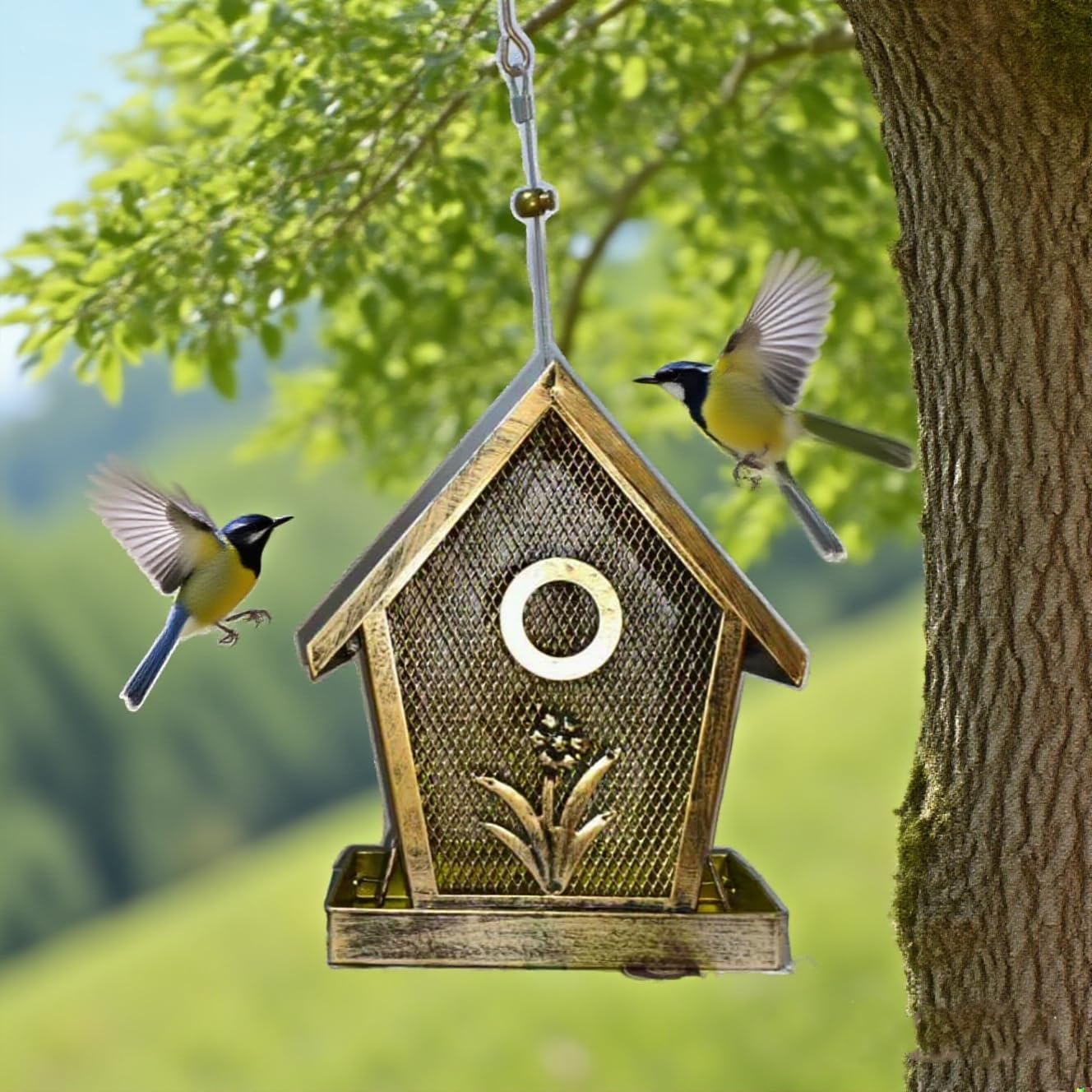 A Detailed and Magnificent Outdoor Hanging Bird Feeder with a Detachable roof (Golden Flower Bird Feeder)