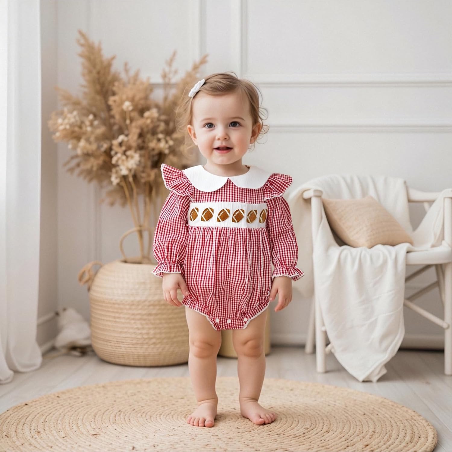 Newborn Baby Girl Football Outfit Embroidery Smocked Bubble Romper Long Sleeve Bodysuit Fall Clothes - Image 3
