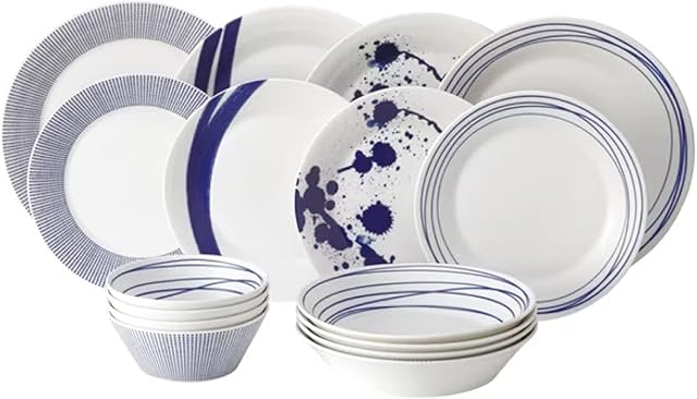 Royal Doulton - Pacific Blue Collection - Porcelain Tableware Set of 16 - Dinner Plates, Salad Plates, Pasta Bowls, Cereal Bowls