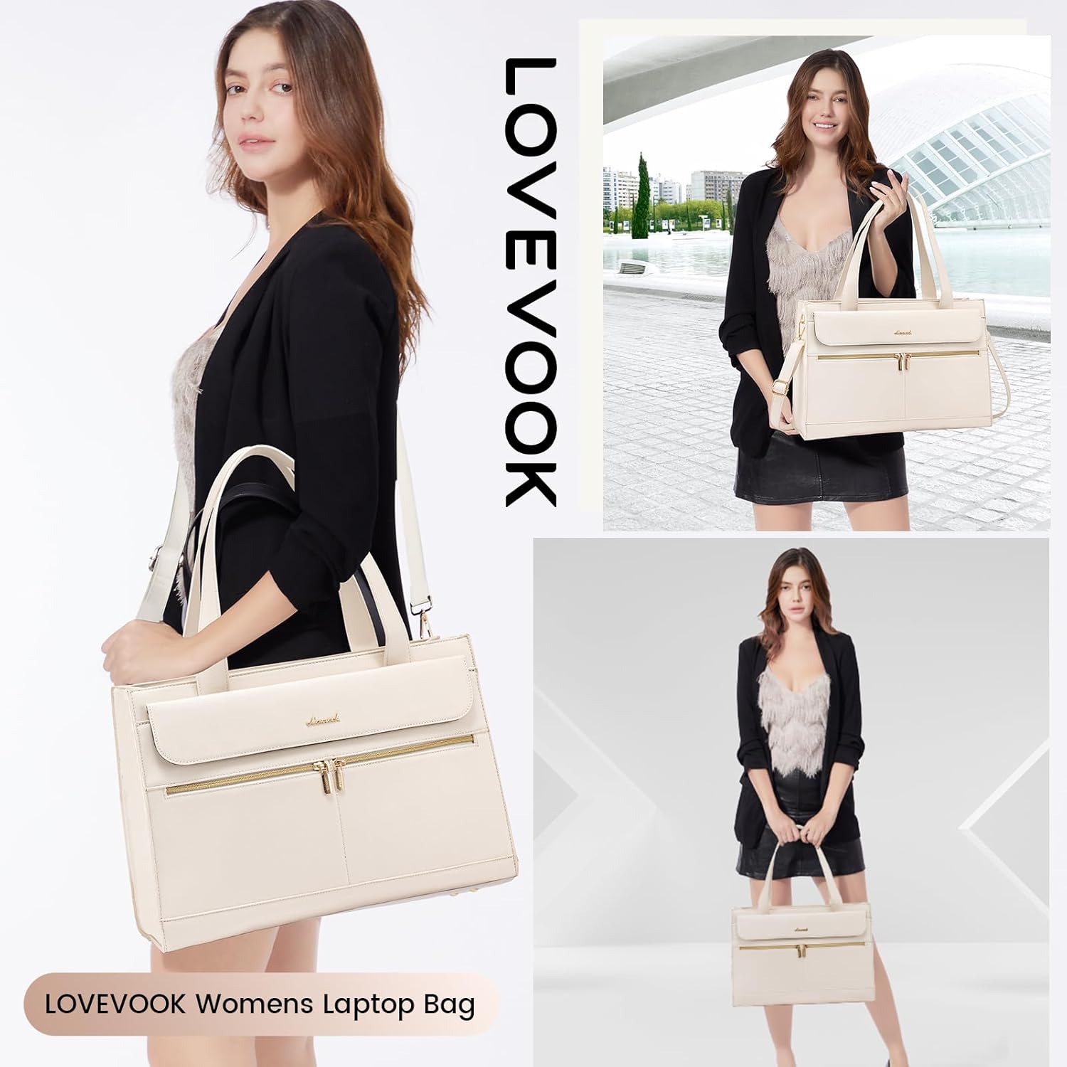 LOVEVOOK Laptop Bag for Women 15.6 Inch Tote Work Professional Leather Computer Briefcase Waterproof Handbag Shoulder Large Capacity Business Teacher Office Crossbody Purse, 206# Beige White - Image 6