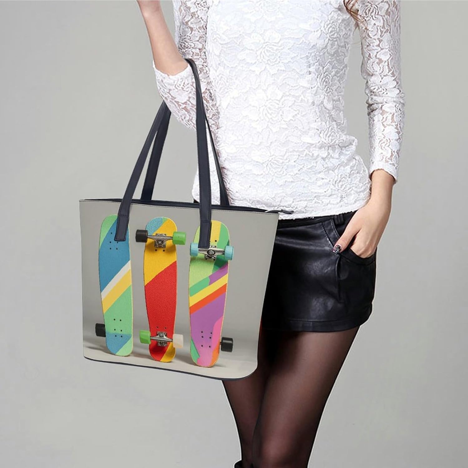 Leather Lady's Handbag Colorful Skateboards Print Leather Tote Bags For Women Trendy Ladies Shoulder Bag for Work, Travel, Casual Use