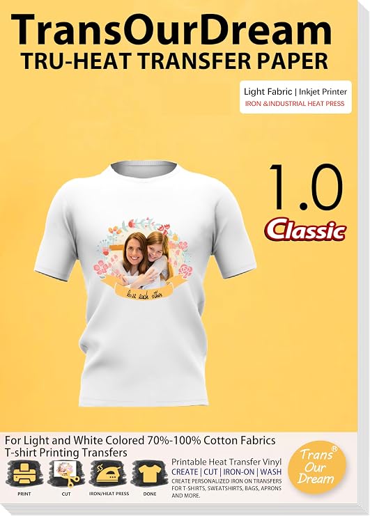 TransOurDream Heat Transfer Paper for Light T Shirts (50 Sheets, 8.5x11) Iron on Transfer Paper for Light & White Fabrics Printable Heat Transfer Vinyl for Inkjet Printer(TOD-L1-50)