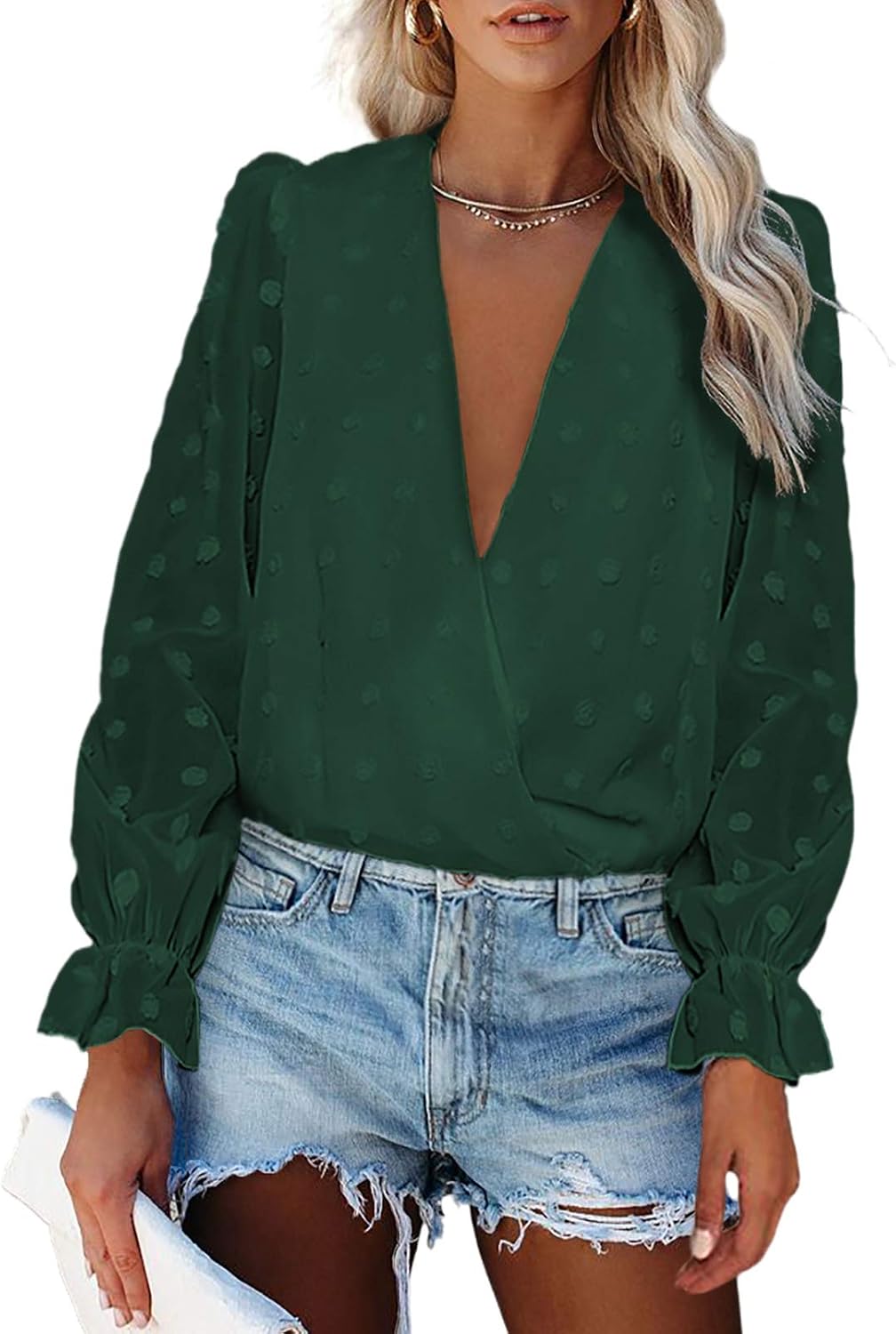 Dokotoo Womens Crewneck Lace Crochet Pom Pom Flowy Long Sleeve Casual T Shirts Blouses Tops