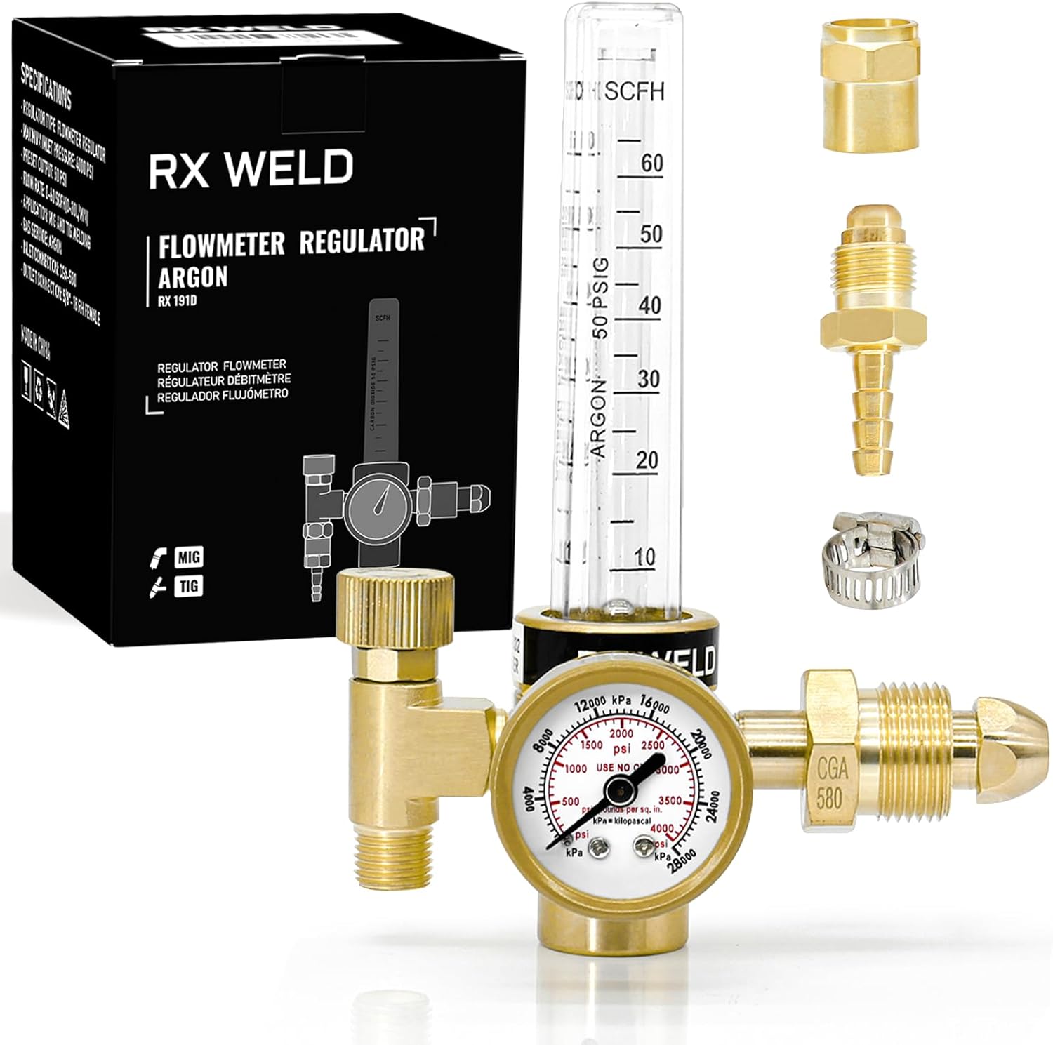 RX WELD Argon Regulator Flowmeter Gas Gauge for Mig Tig Weld with Gas Welding Hose