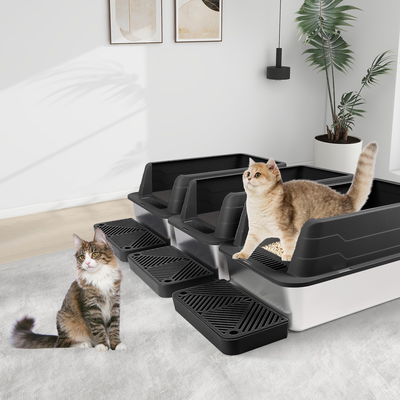 3 Pack Edelstahl Katzenklo, XL 22.9'' x 15'' x 10.3'' High Sided Metall Katzentoilette mit Schaufel, Filter Pedal für Anti-Splash, Nicht klebrig, leicht zu reinigen (Schwarz)