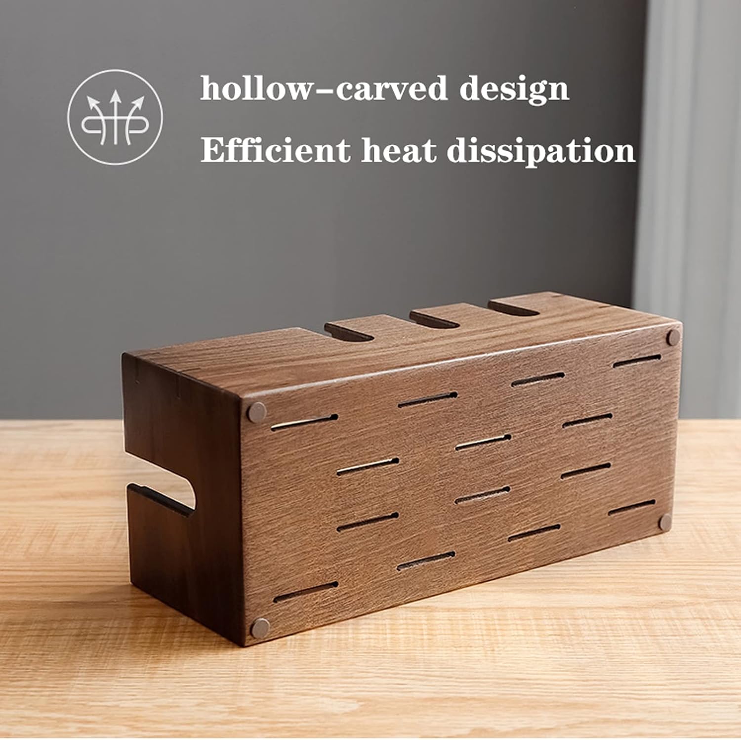 Wooden Power Cord Storage Box Desktop Protect and Hide Power Cord Power Strip Cable Organizer for Home and Office Cable Cords Organizer Boxes (Walnut)