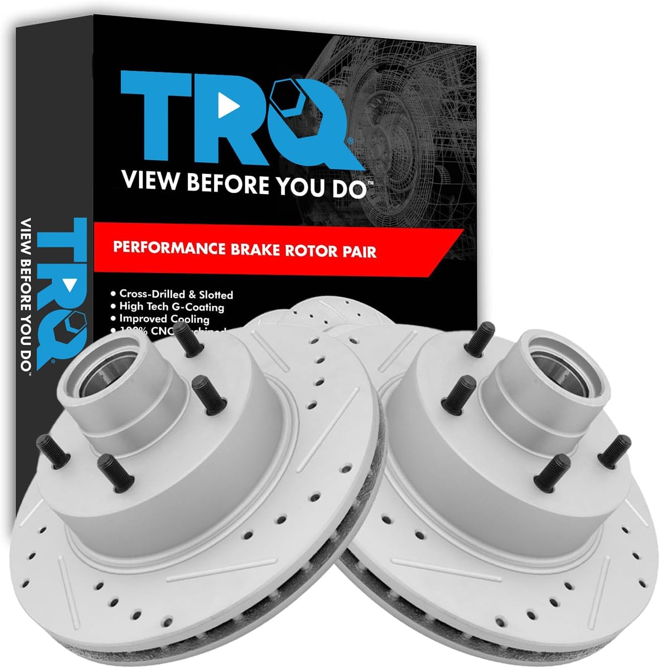 TRQ Front Brake Rotors Set Premium G-Coated 2 Piece Slotted X Drilled Driver & Passenger Side Compatible with 73-78 Buick 76 Cadillac 70-78 Chevrolet 71-77 GMC Oldsmobile Pontiac