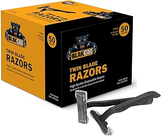 Dukal BlakCat Disposable Razors – 5 Bags/Box (50 Razors Total), Black, Twin Blade, Non-Sterile, Ergonomic Handle – Black Razors for Tattoo, Medical, Salon and Personal Use
