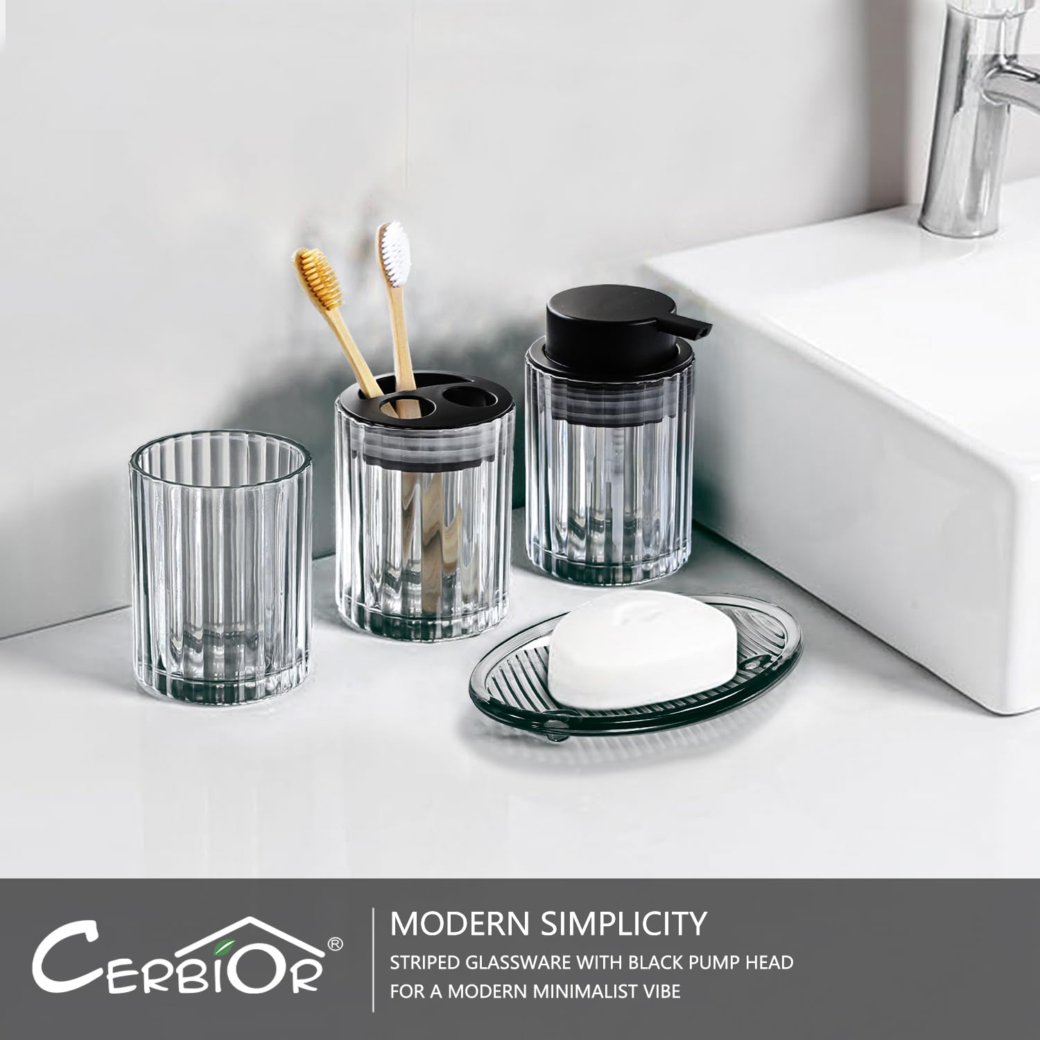 CERBIOR Juego de accesorios de baño, 4 piezas de accesorios de vidrio, incluye dispensador de jabón, soporte para cepillo de dientes, taza para cepillo de dientes, jabonera para encimera decorativa y