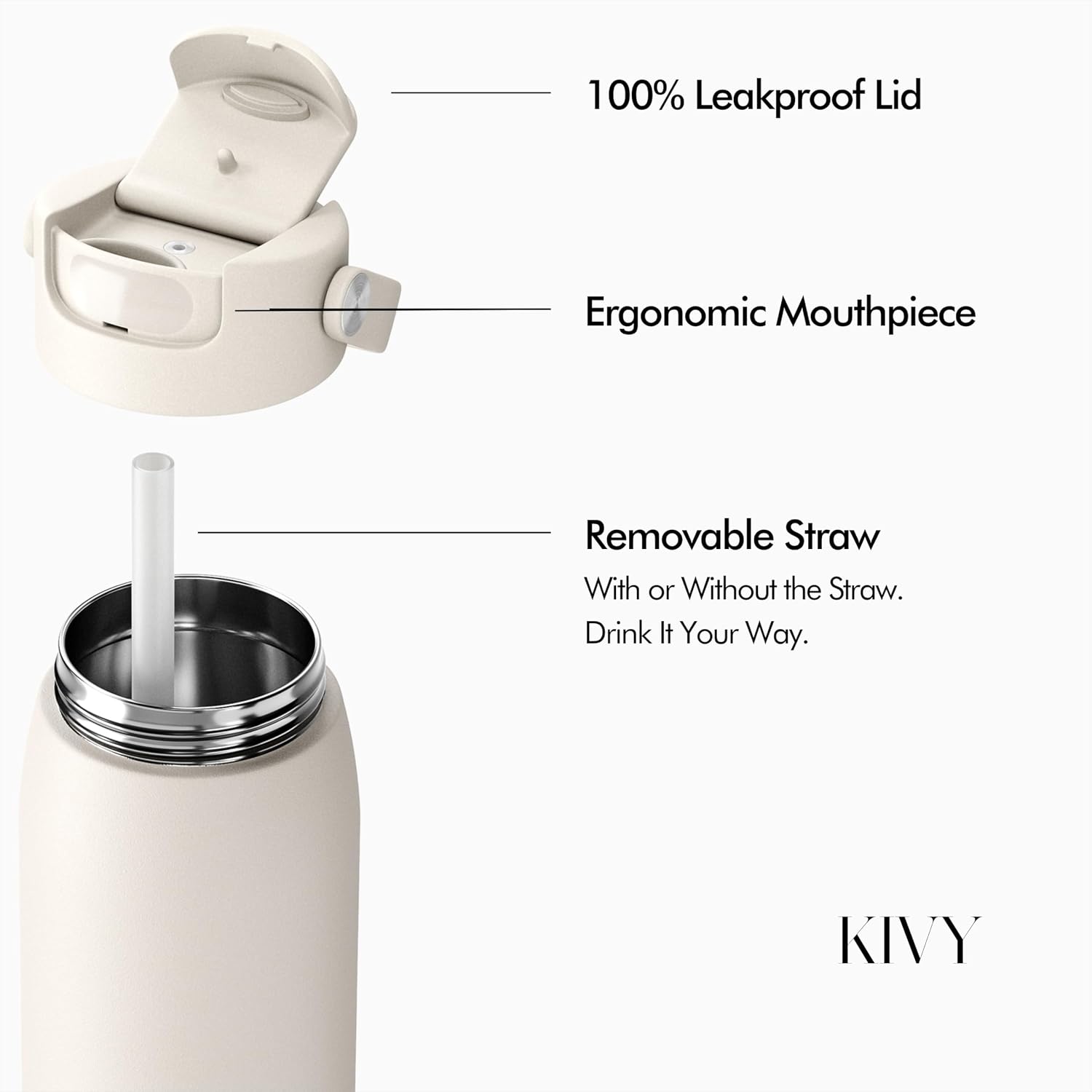 KIVY Stainless Steel Water Bottle With Straw 32oz - 24h Cold | 12h Hot - Leakproof & Dishwasher Safe - Insulated Water Bottle 32oz Sport - Thermo Flask Drinking Bottle - Stainless Steel Bottle