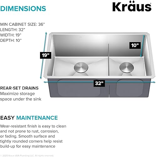 Vista 76 de Kraus Standart PRO KHU104-33 - Fregadero de cocina acero inoxidable de 33 in y 16 g, con doble pila de distribución 60 y 40 para montar bajo encimera