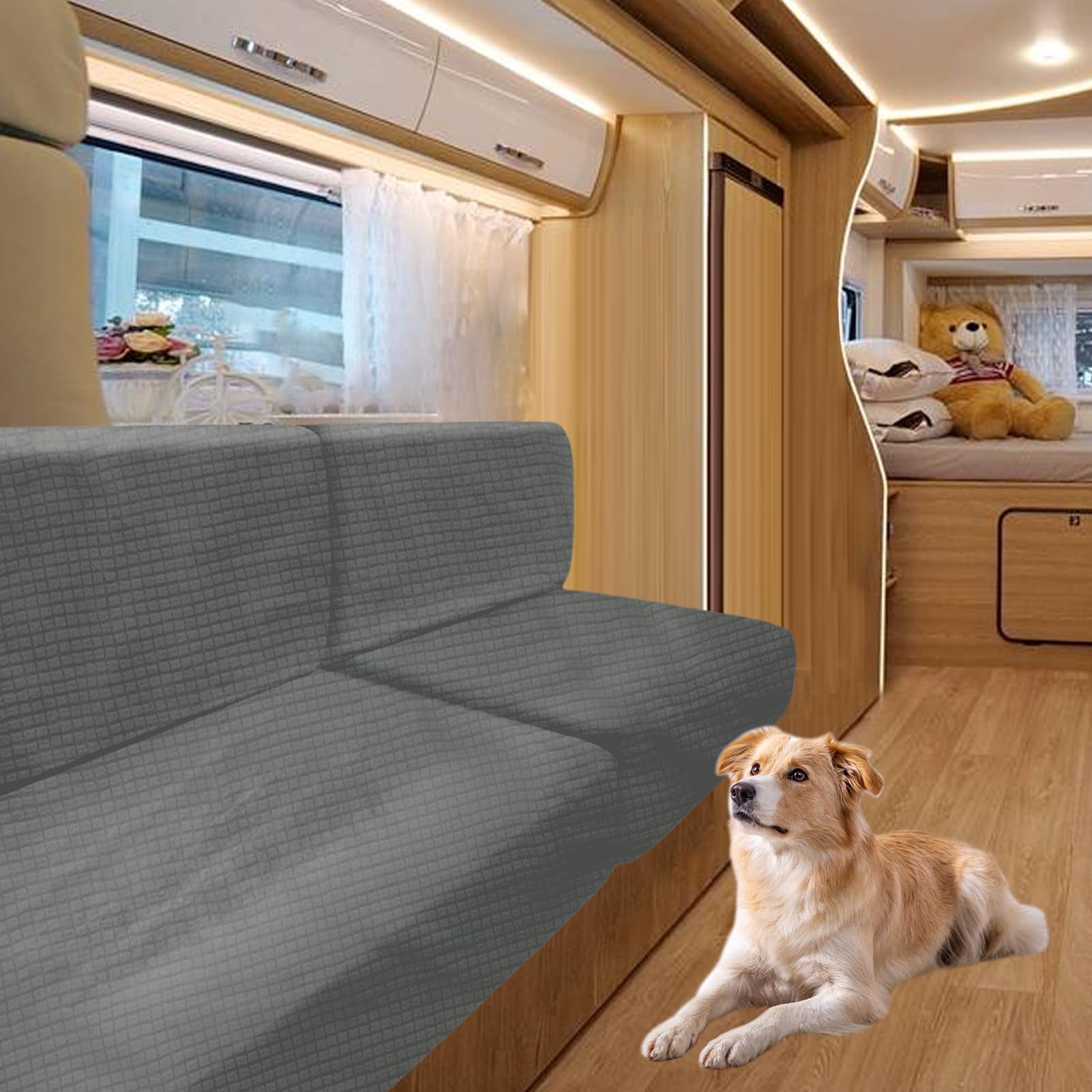 Bezüge Für Wohnwagenpolster Jacquard, rutschfeste Wohnmobil Sitzbezüge Mit Verstellband, Sofa Sitzkissenbezug Für Schonbezug Wohnwagen Polster waschbar (Dark Grey,W 65-95cm, D 20-35cm)