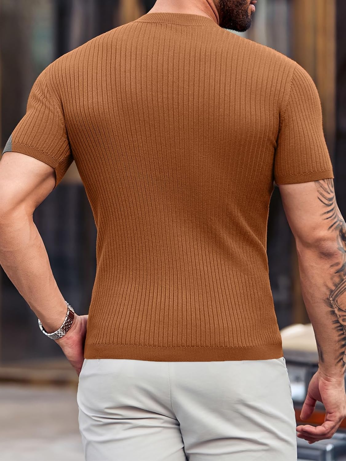 Mens Casual Slim Fit Basic Tops Short Sleeve Shirt Turtleneck T Shirts Rib Knitted Stretch Pullover Sweater - Image 3