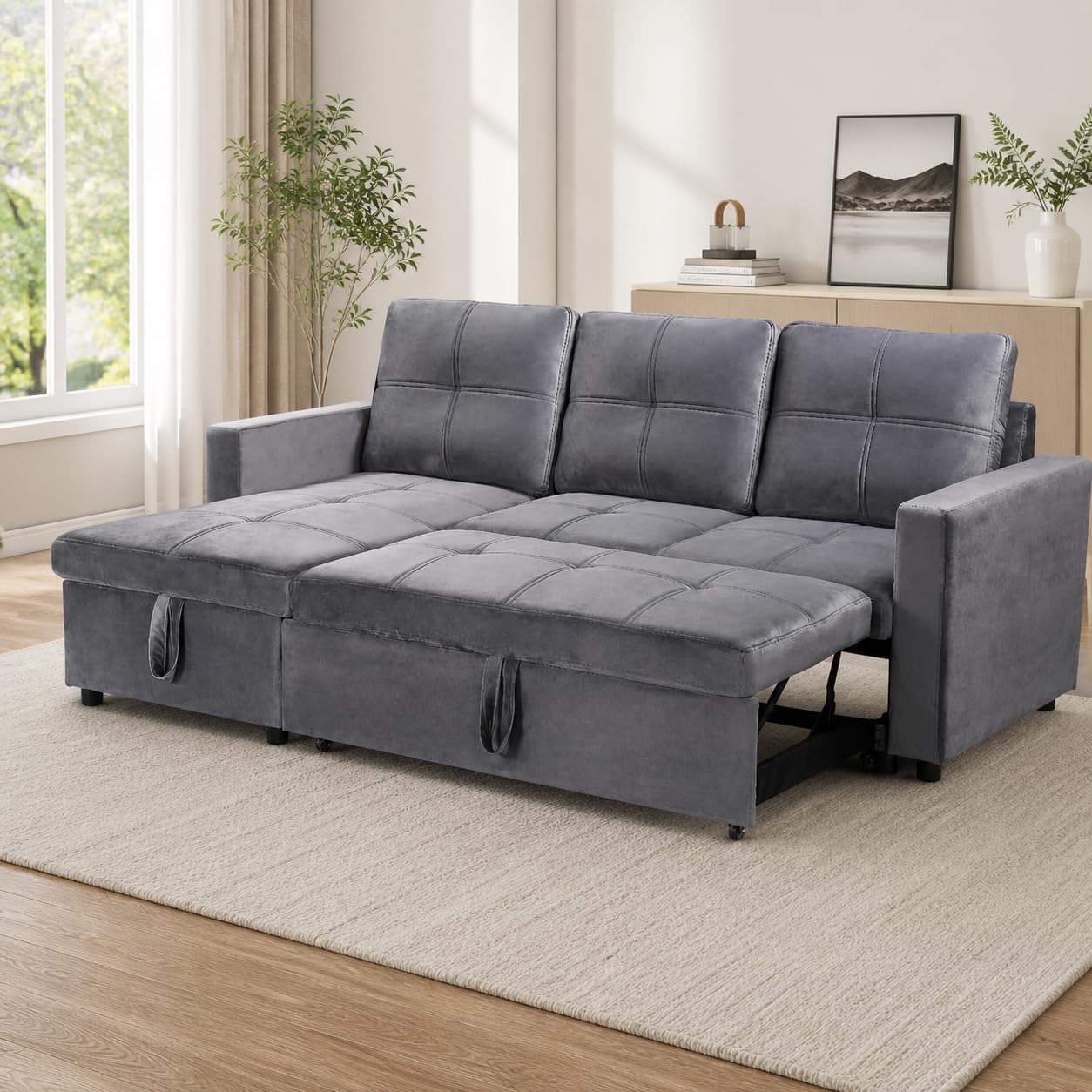 Sofá Cama Chaise Longue BOGA 3 Plazas Gris Terciopelo 215 x 135 cm - Cheslong Reversible con Arcón y Almacenamiento - Sistema de Arrastre - Tapizado Suave - Armazón Pino Macizo - Salón