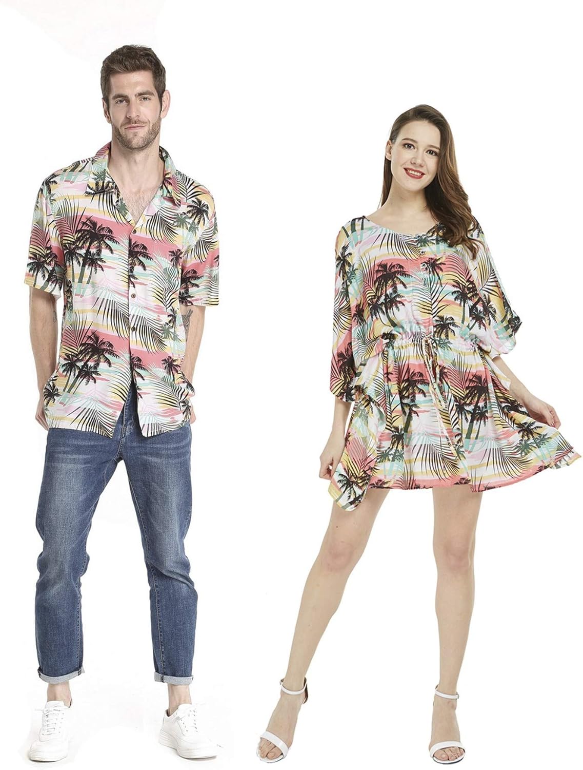 Couple Matching Hawaiian Luau Aloha Shirt Poncho Dress in Neon Sunset