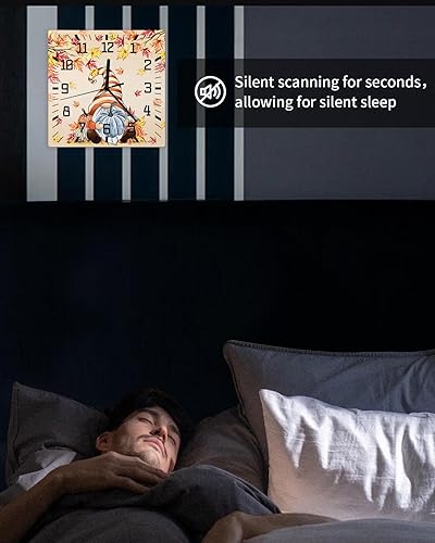 Miniatura 6 de Thanksgiving Wooden Wall Clock Silent Non Ticking, Fall Pumpkins Gnomes Maple Tree Leaves Square Wall Clock Battery Operated, Decor Clock for Home