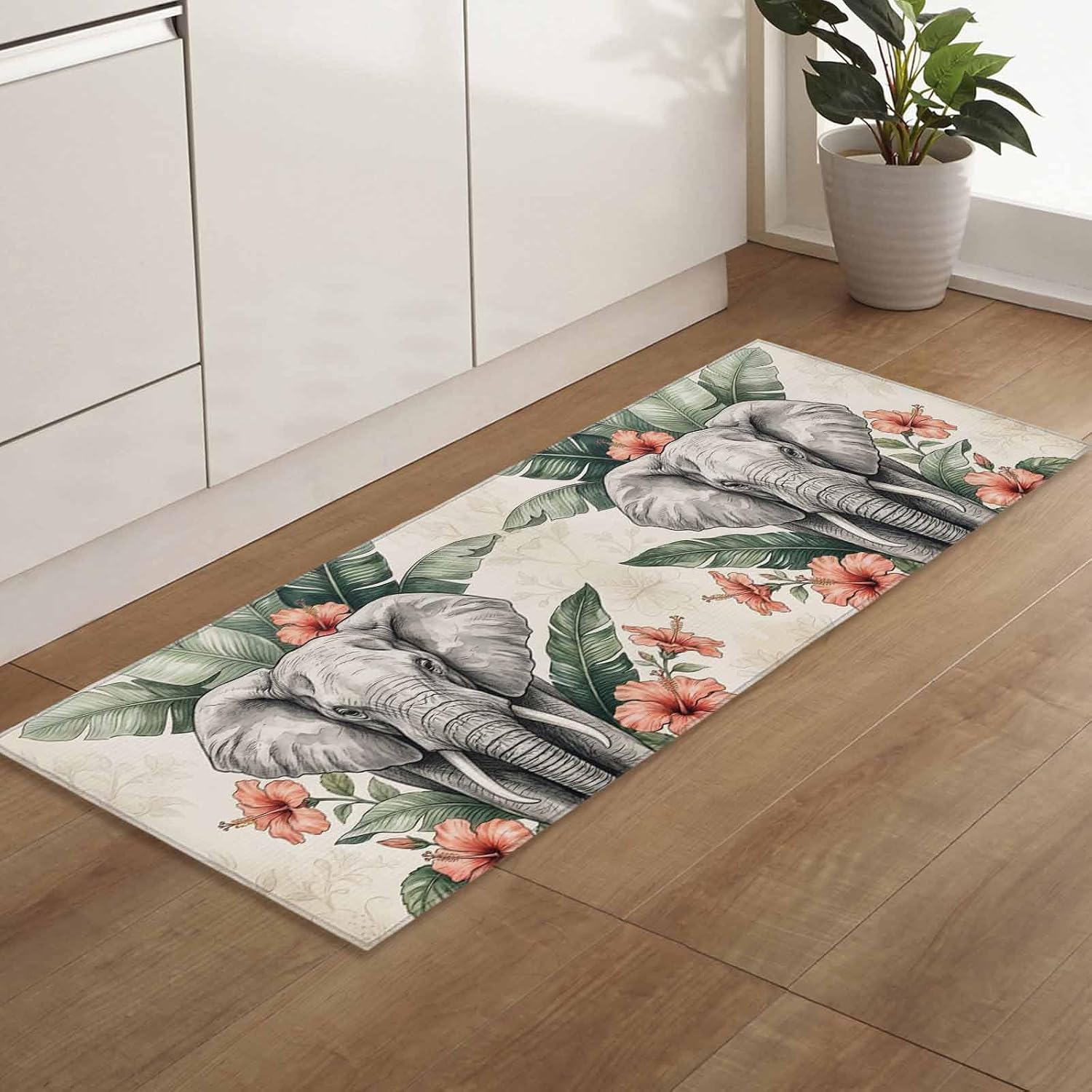 Teamery Kitchen Mats for Floor Tropical Elephant Hibiscus Leaf Washable Non Slip Kitchen Rugs 1PCS, Vintage Animal Botanical Absorbent Standing Mats for Sink Bathroom Office Living Room 15.7x47.2in