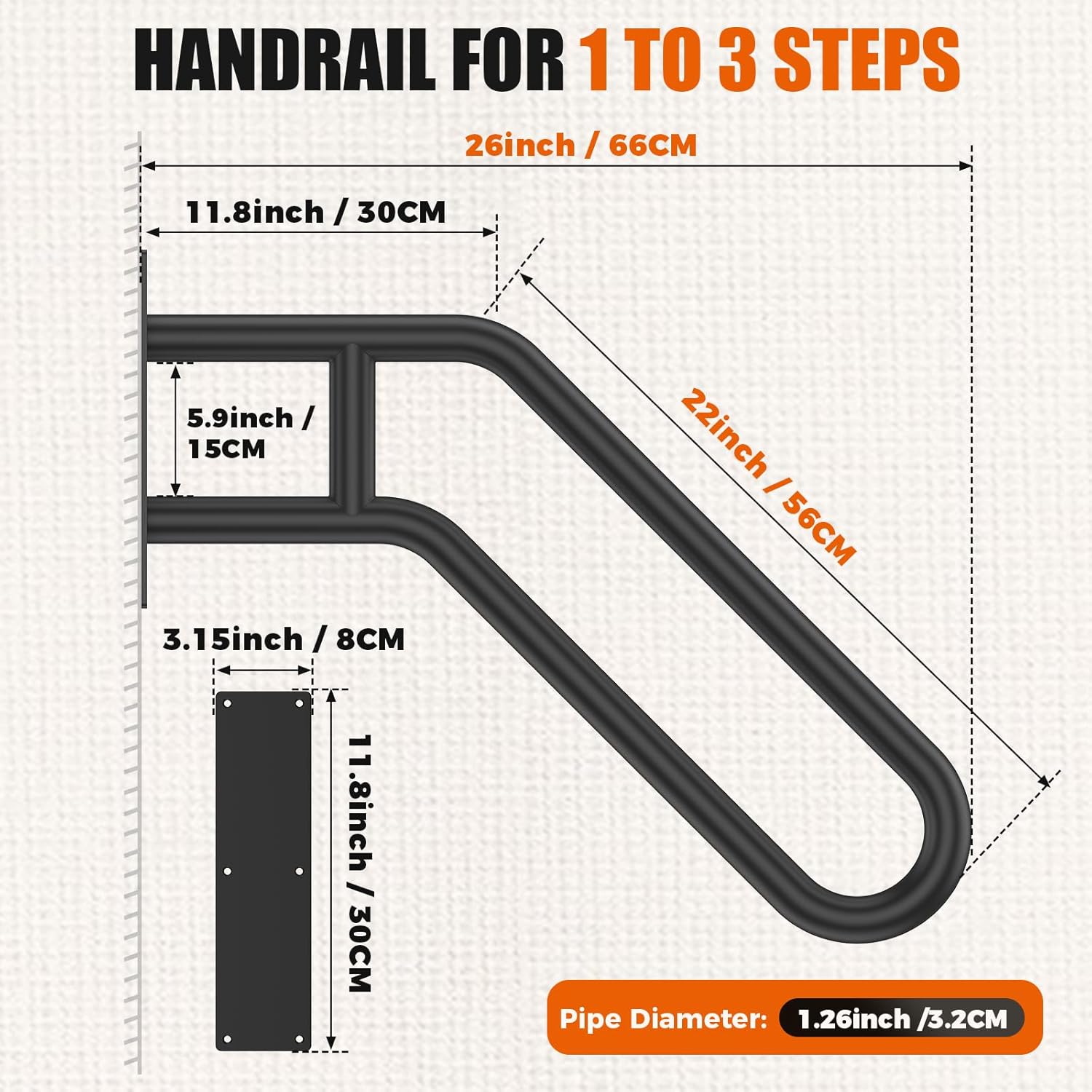 GORWARE Hand Rails for Outdoor Steps, Handrails for Elderly, Porch Railing & Deck Hand Rail Wall Mount Stair Hand Grab Bars, 1 to 3 Steps U-Shape Safety Handle for Garage, Toilet,Yard and Garden