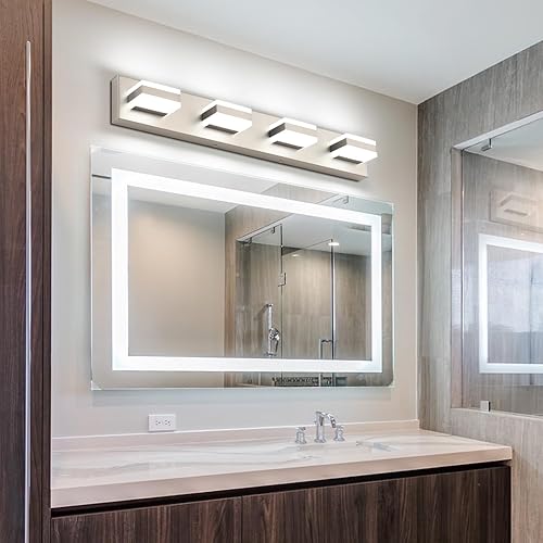 Miniatura 3 de SOLFART Luces de tocador de baño, lámparas de níquel cepillado para baño, sobre el espejo, 4 luces LED, accesorio de iluminación de baño níquel