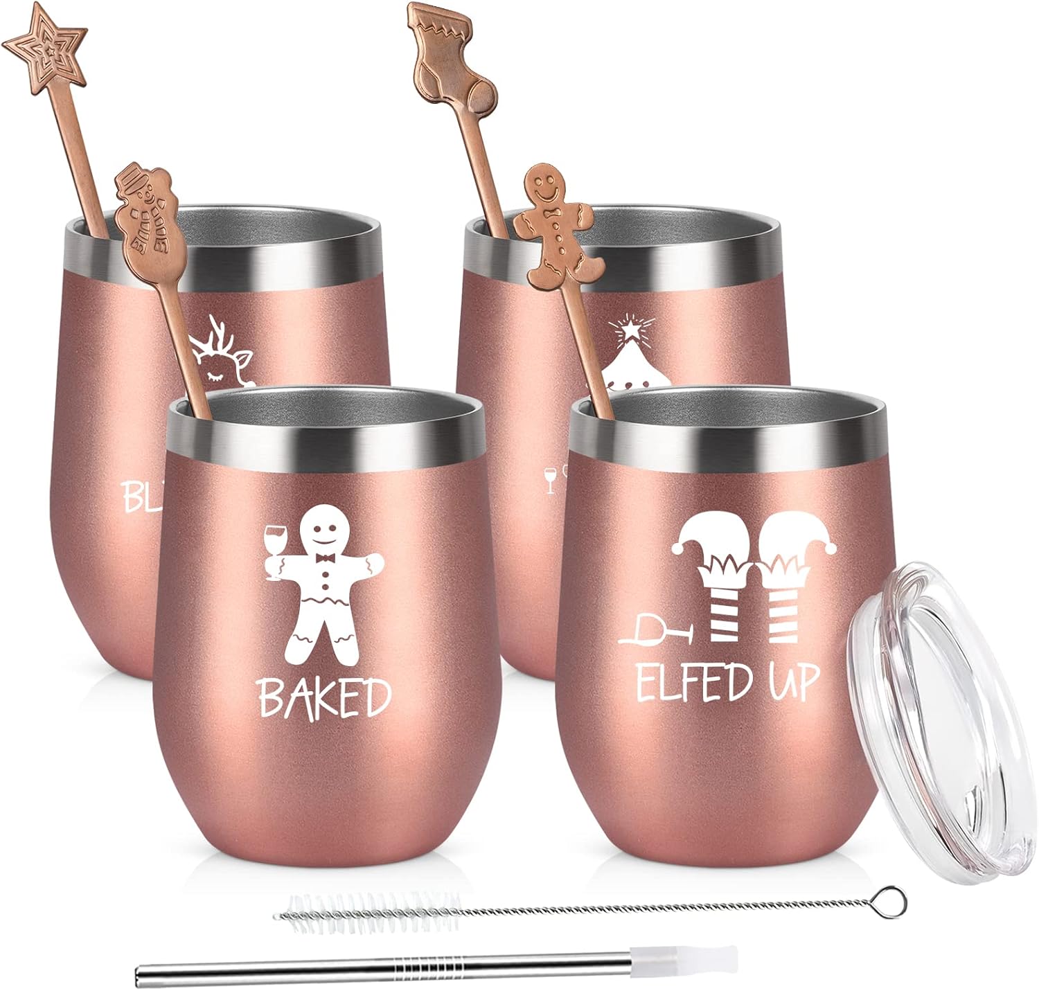 Qtencas Christmas Funny Wine Tumbler Set, 12 Oz Stainless Steel Wine Tumbler with Spoon for Women Friends Sisters Men, Gift Idea for Christmas Xmas Wedding Party, 4 Pack, Rose Gold