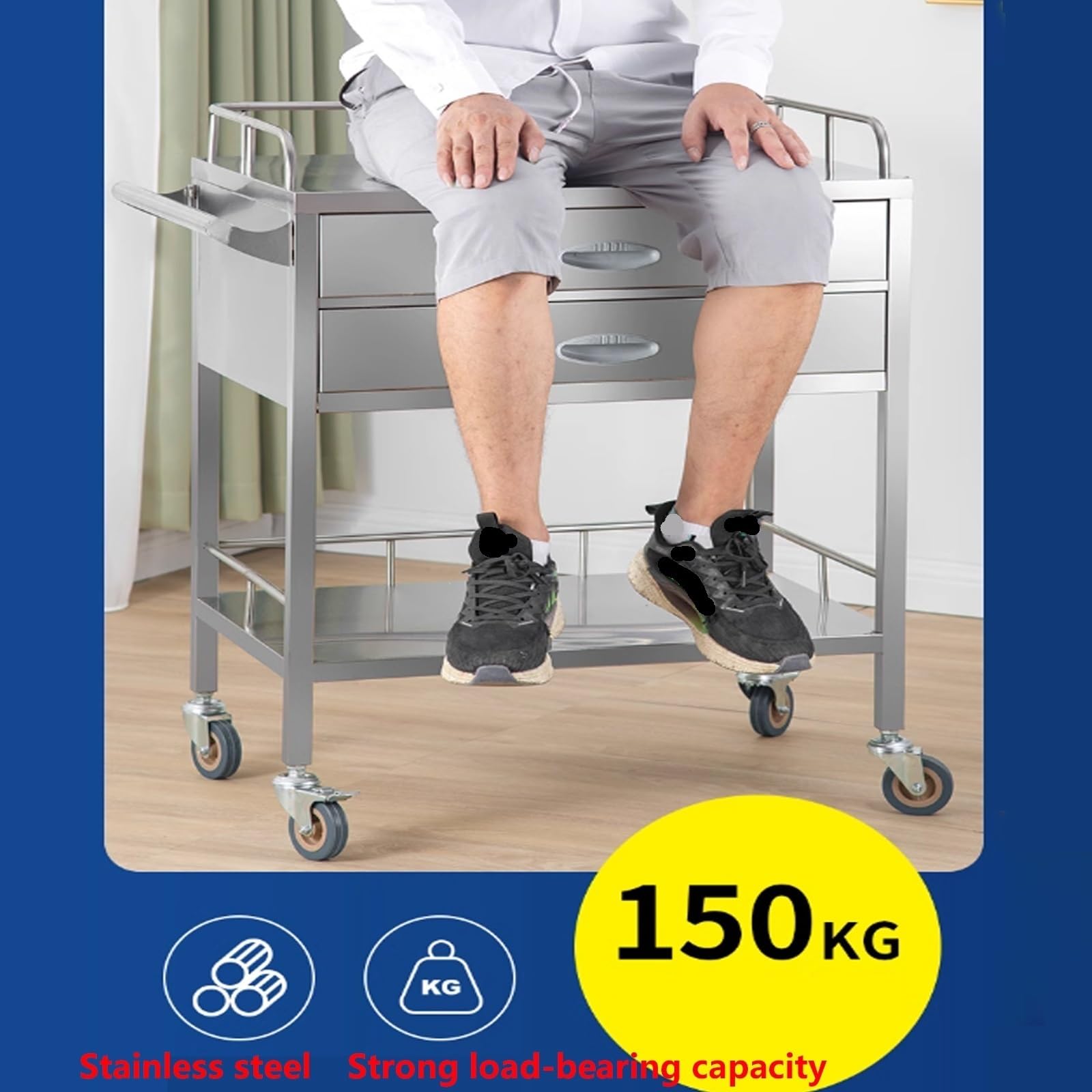 Chariot De Laboratoire en Acier Inoxydable, Chariot Médical 2 Couches 2 Tiroirs, Chariot De Chirurgie Médicale Dentaire, Chariot De Service Portable sur roulettes