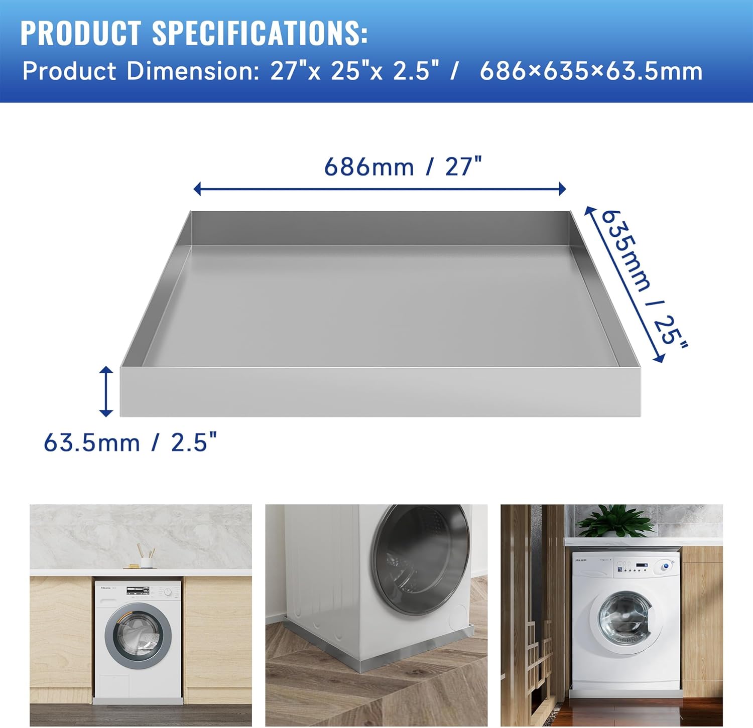 27" x 25" Stainless Steel Washer and Dryer Drain Pan