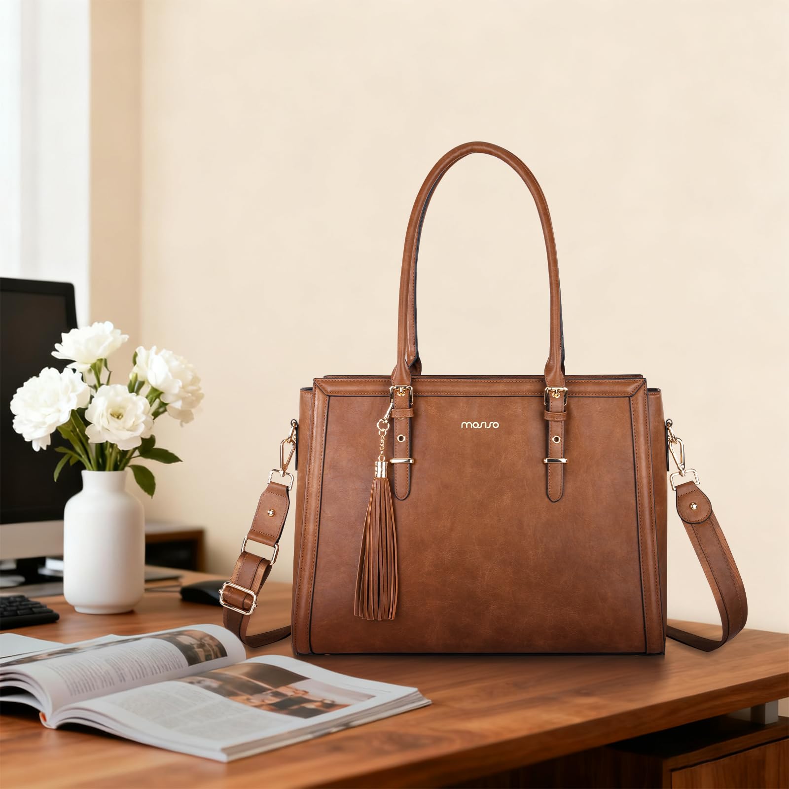 MOSISO Bolso Portátil de Mujer, Bolso Tote Vintage PU | con Compartimento, Gran Capacidad Bolso Mano para Trabajo con Monedero&Borla