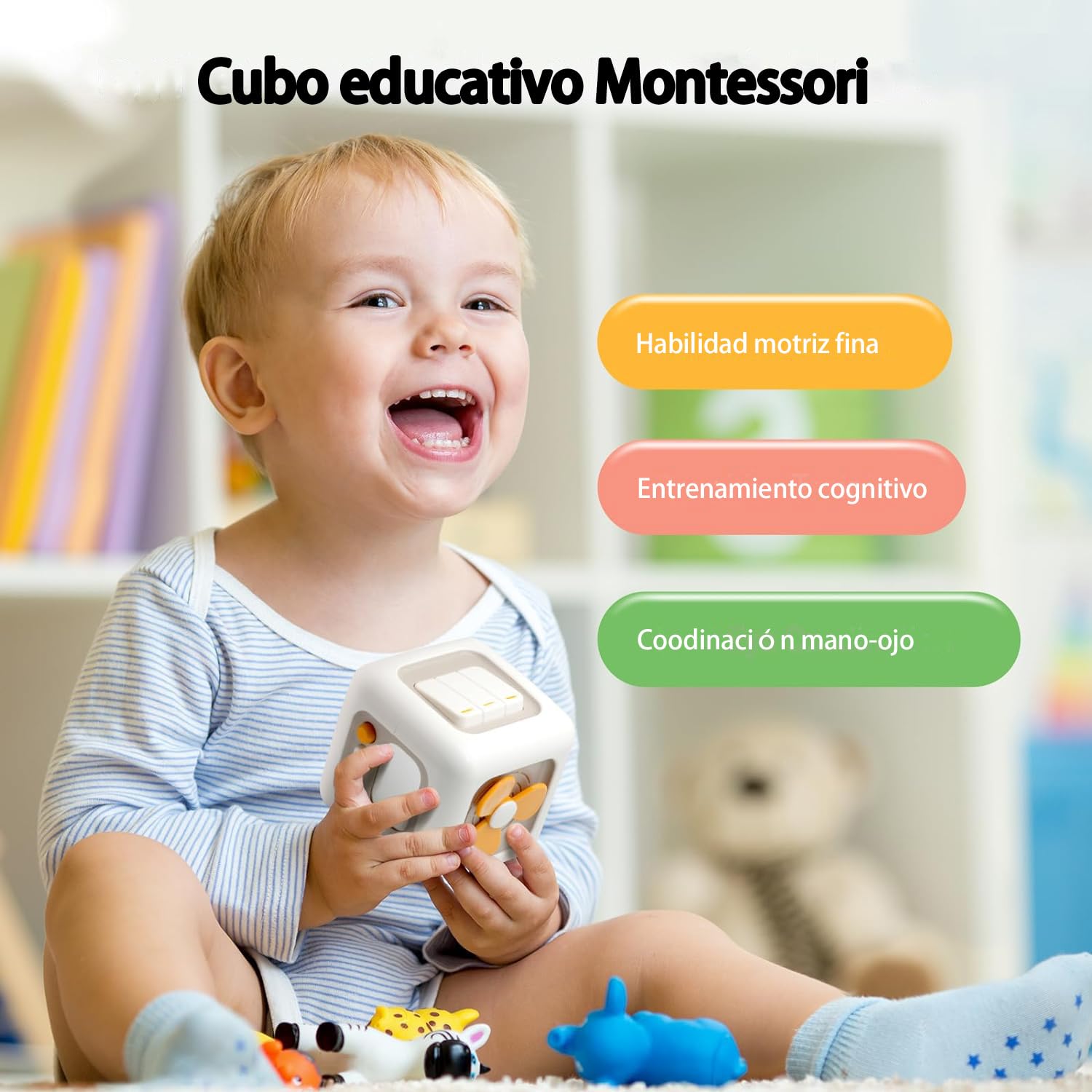 Zajęta Kostka 6 w 1 - Zabawki Sensoryczne Montessori dla Dzieci w Wieku 1-3 Lat, Zabawki Podróżne, Prezenty dla 12-Miesięcznych Maluchów