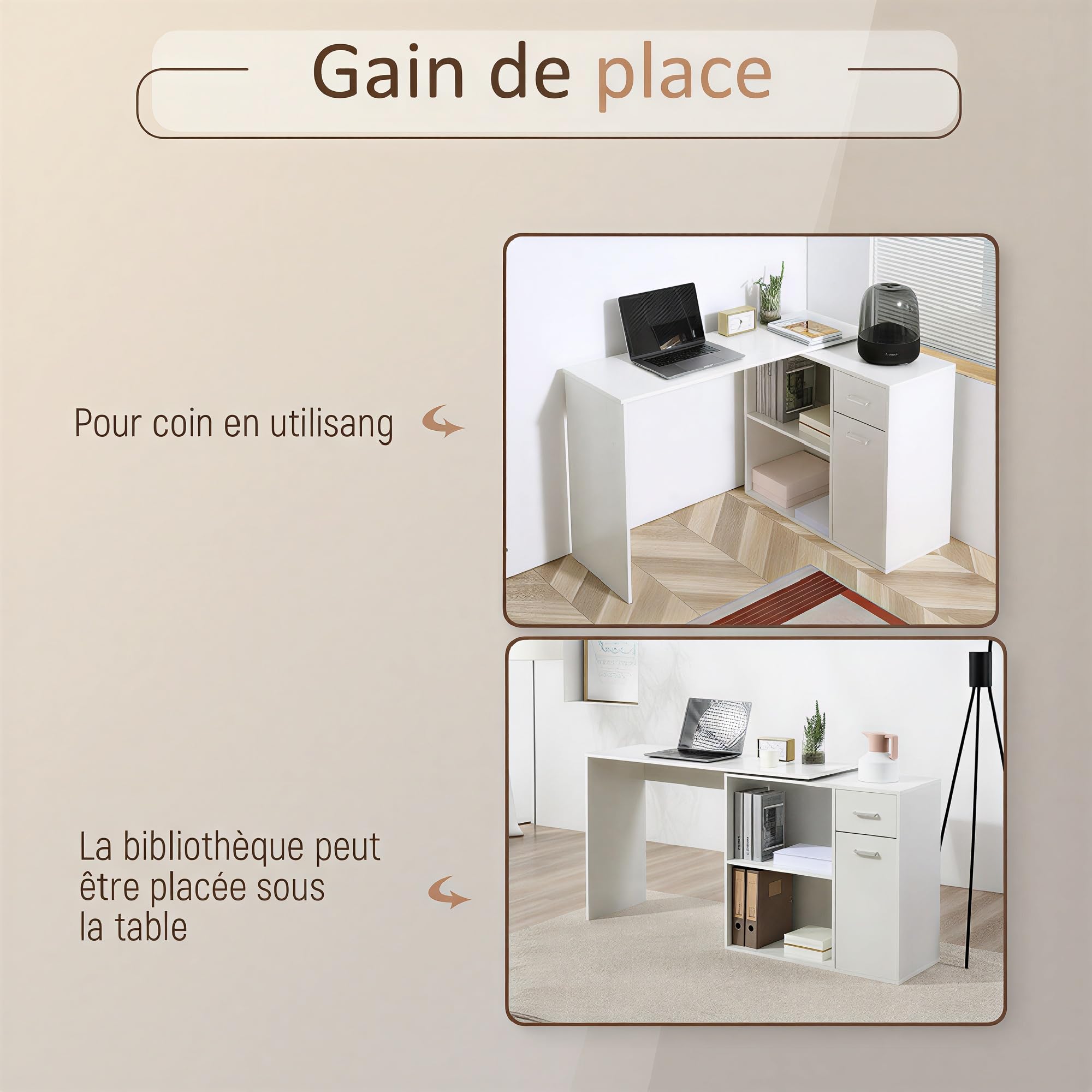 HOMCOM Bureau d'angle Rotatif 180° 117x82x74 cm Blanc | Bibliothèque, Bureau d'Ordinateur, Tiroir, Placard à Porte, Poste de Travail, pour Maison, Chambre