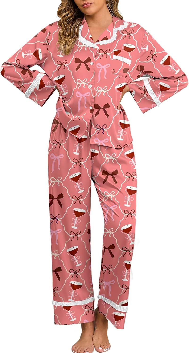 Jusfitsu Women's Silk Satin Pajamas for Women Set Long Sleeve 2 Piece Cute Ruffle Button Down Pjs Sets Soft Loungewear