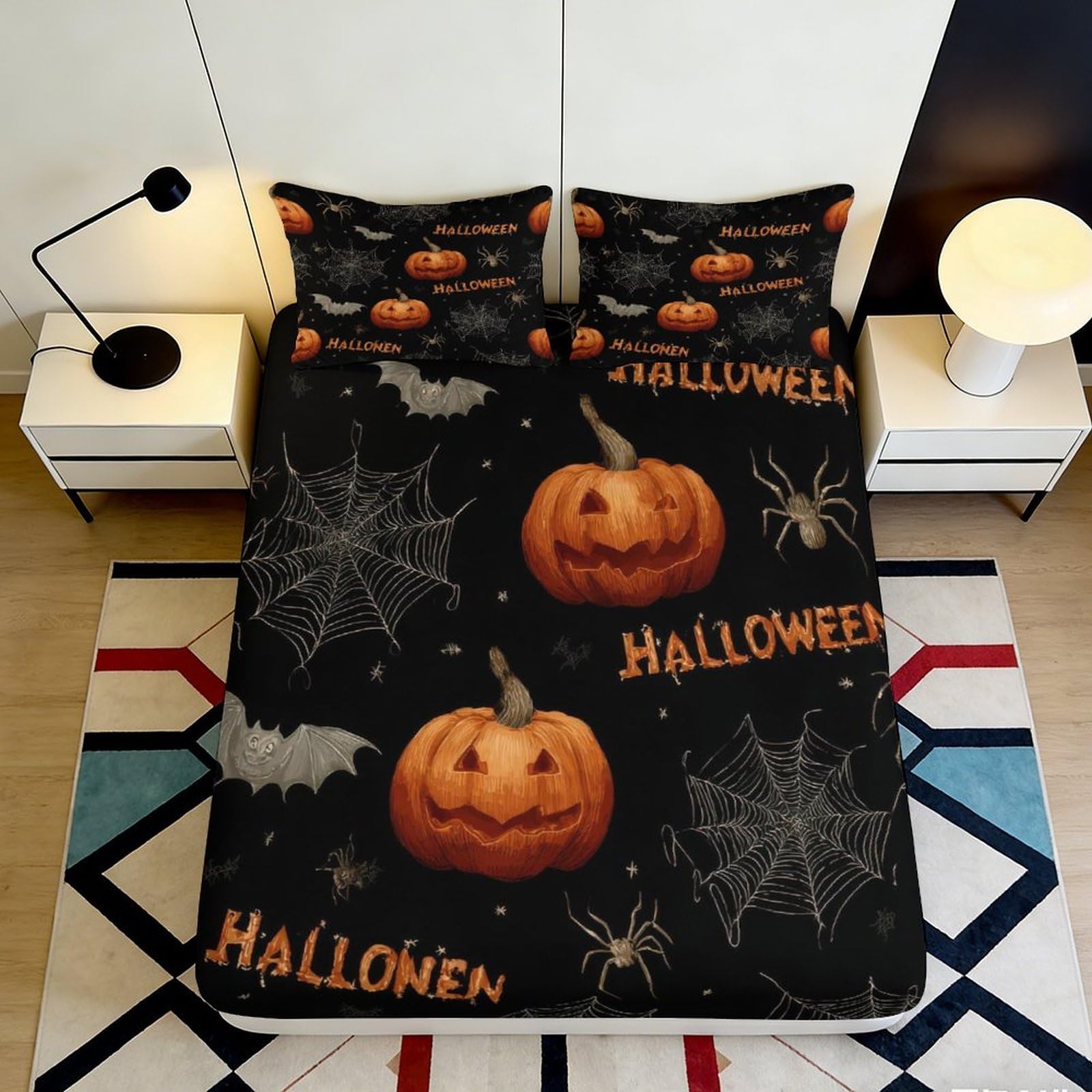 3D Printed Pumpkin Halloween Fitted Sheet Microfiber Black Bed Cover with Bat Spider Motif for Bedroom Decor 90x200x25cm