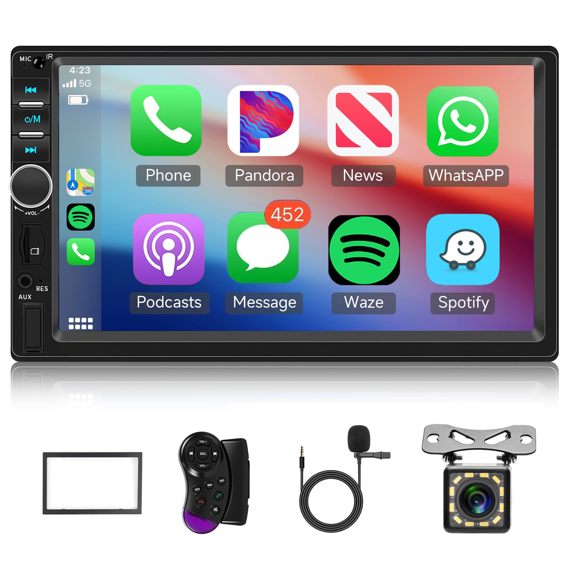Hodozzy Autoradio 2 Din avec CarPlay et Android Auto, Poste Radio Voiture 7 Pouces Double Din Écran Bluetooth Radio MP5 Voiture avec Lien Miroir/SWC/FM/EQ/USB/AUX Auto Stéréo 2 Din+Camera de Recul