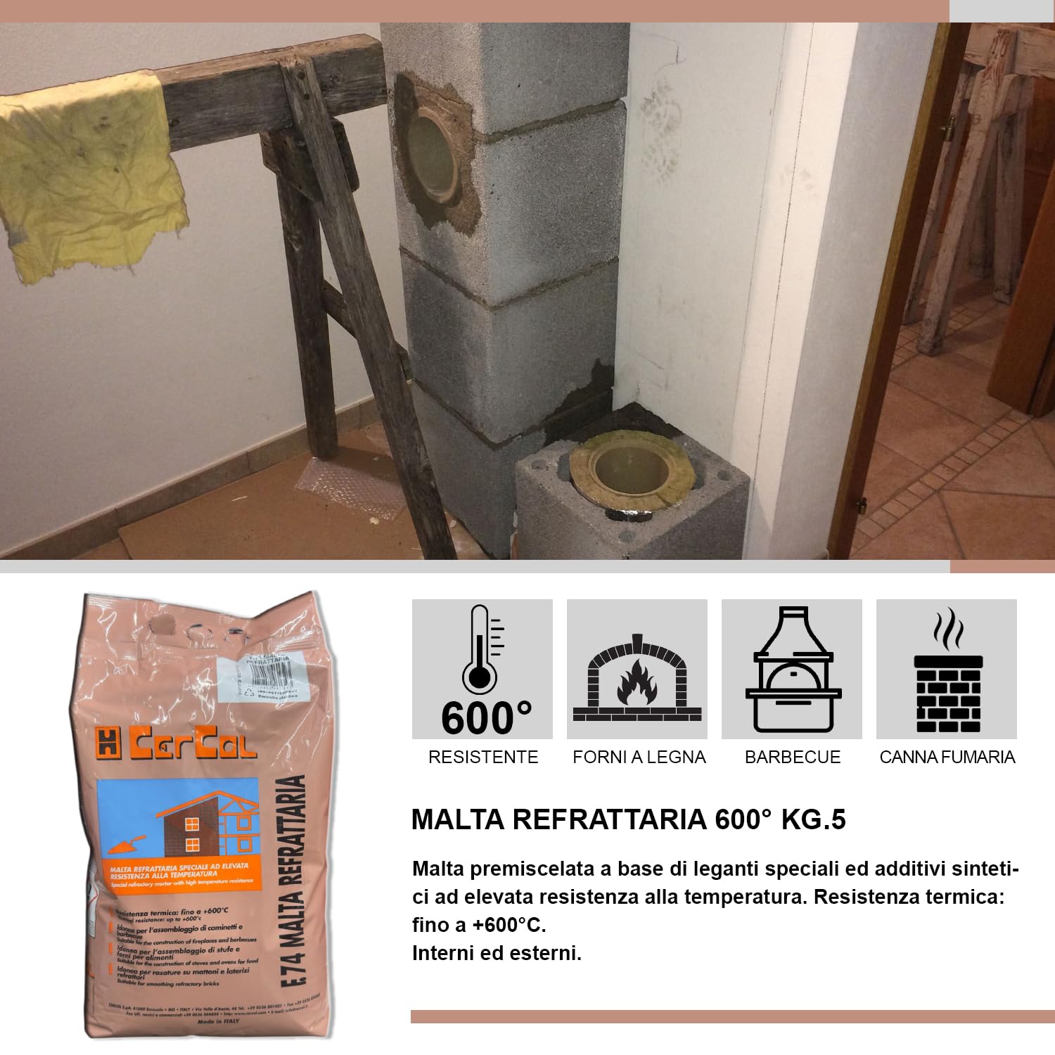 MASTERBRICO Cemento Refrattario Alta Temperatura 5 kg Grigio – Malta Resistente Fino a 600°C per Forni a Legna, Barbecue, Caminetti, Stufe – Pronto all’Uso per Lavori in Muratura