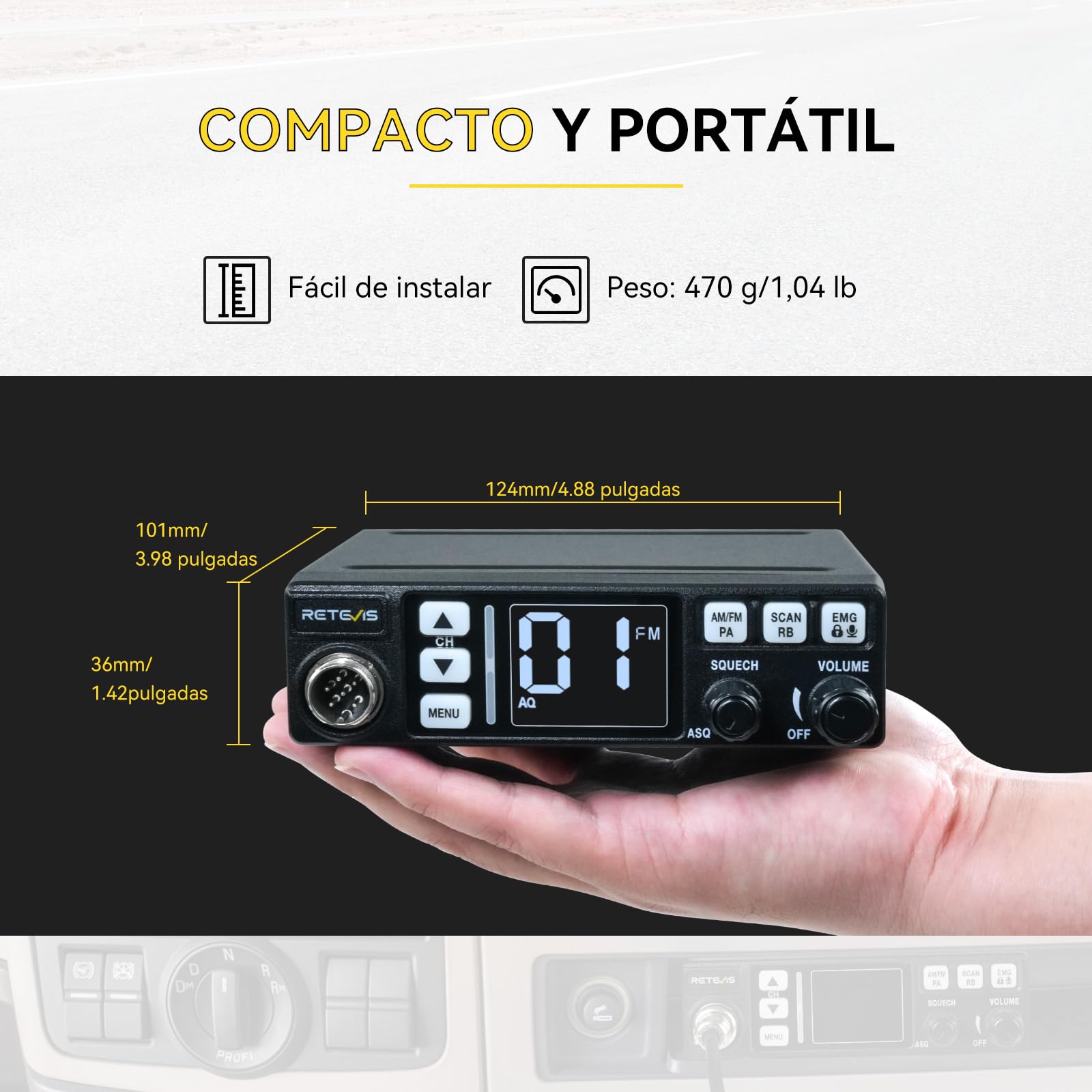 Retevis MB63 Radio CB con Antena, Kit Completo con Función PA | Pantalla LCD, Am/FM, ANL, VOX, SQ/ASQ, EMG CH9/19, Radio CB Móvil para Coche