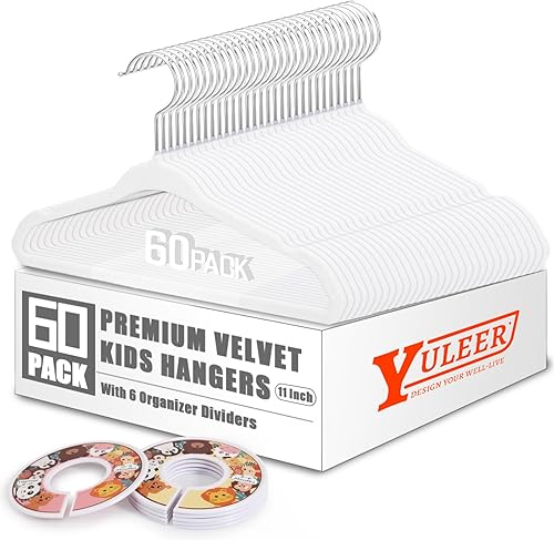 YULEER Perchas para armario de bebé, paquete de 60 perchas de terciopelo para niños pequeños con 6 separadores de ropa lindos, color blanco