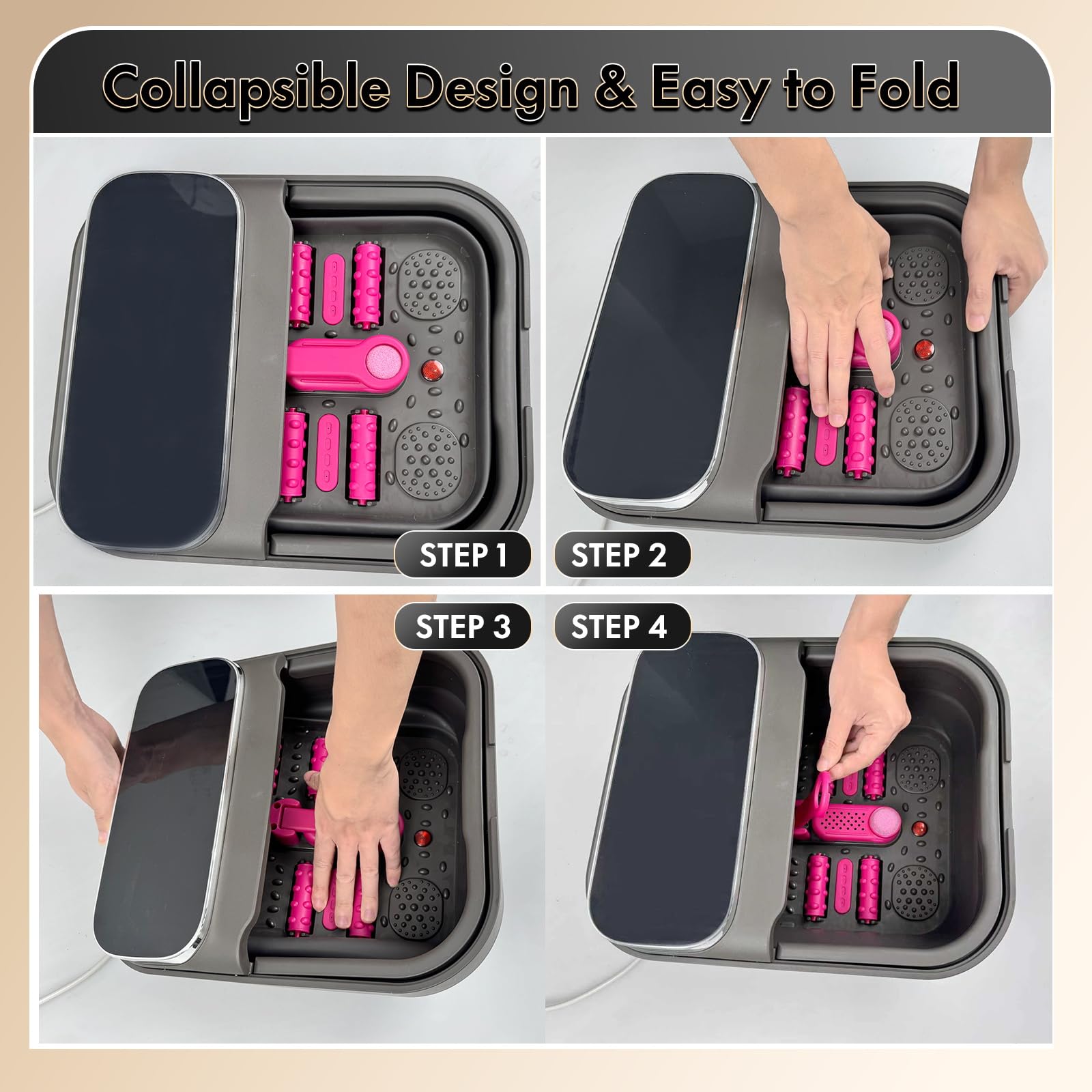 Bain de pieds pliable. Écran tactile, température et minuterie réglables, 6 rouleaux massants et fonction bouillonnante pour une détente complète