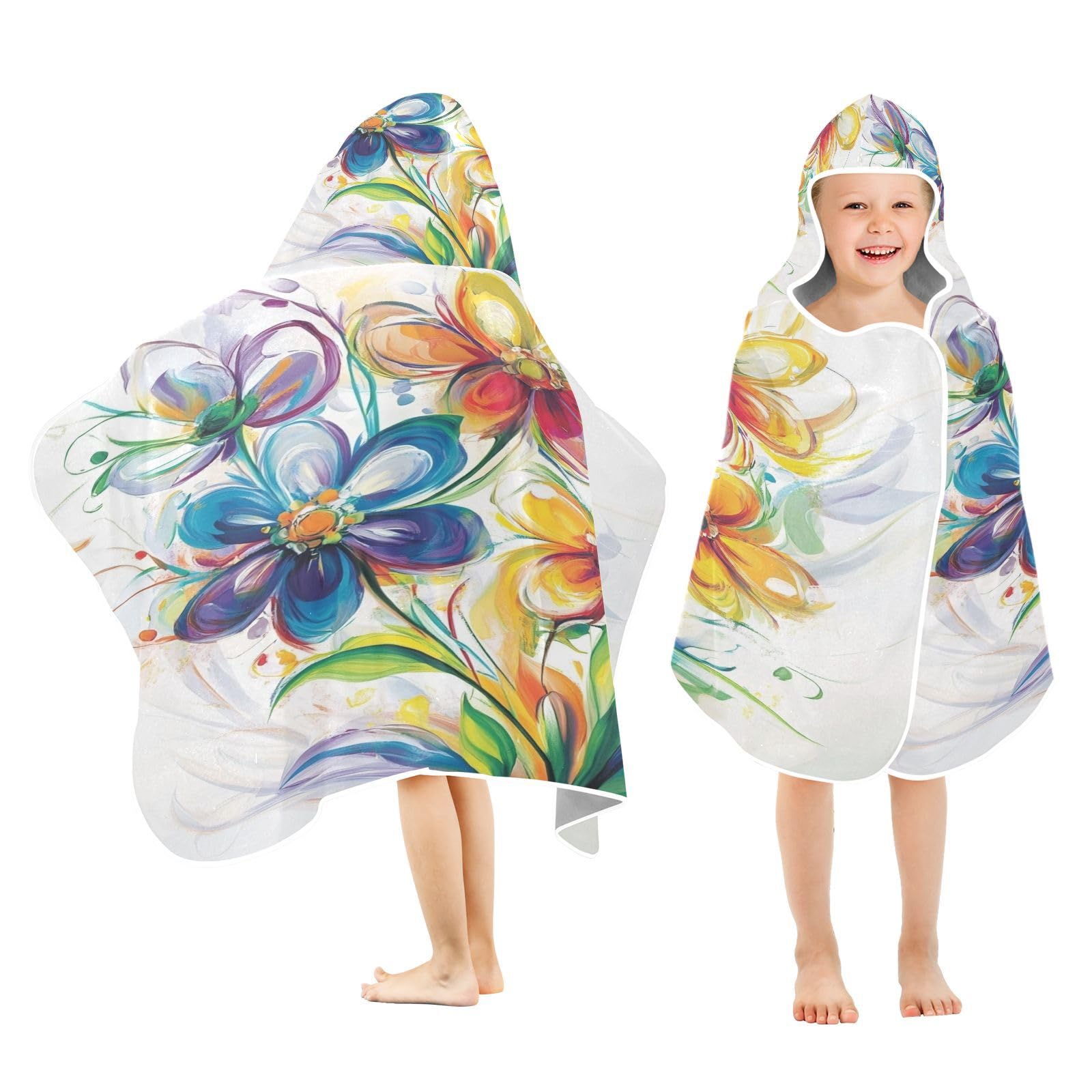 Kigai Colorful Flowers Hooded Beach Towel for Kids Soft Absorbent Quick Dry Bath Towel with Hood Lightweight Toddler Shower Pool Bath Wrap for Boys Girls