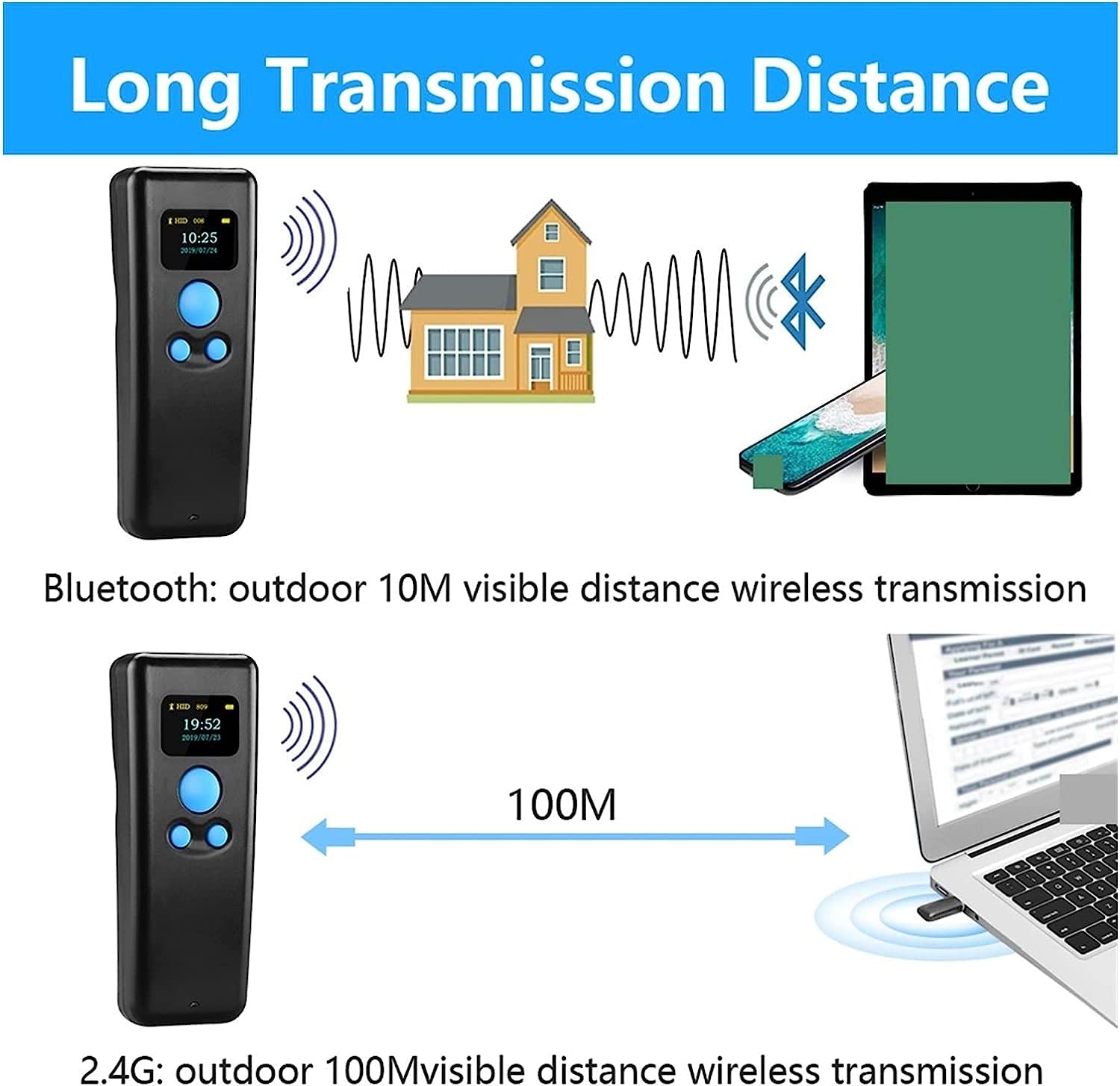Skanery kodów kreskowych, kieszonkowy Mini skaner Bluetooth 2.4G magazyn logistyka detaliczna skaner kodów kreskowych bezprzewodowy czytnik z ekranem, może szybkie skanowanie (Color : 1 UK, Size : 2