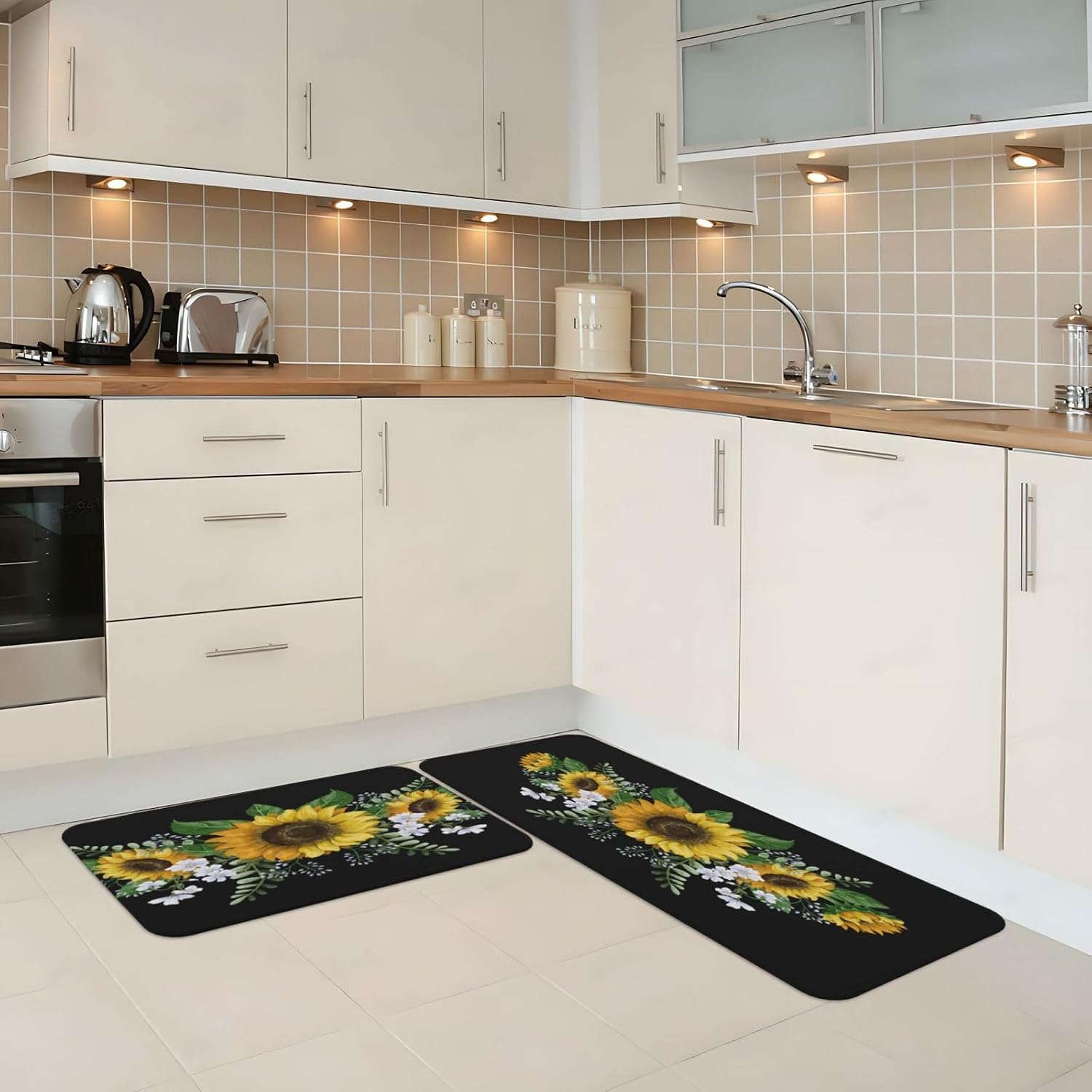 Sunflower Flowers Kitchen Rugs Microfiber Floor Mats Floral Cushioned Carpet Runner Rug for Laundry Bathroom Living Room, 2 Piece Set 17"X 47" + 17"X 30"
