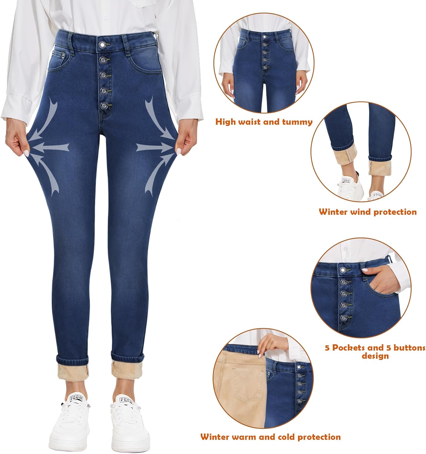 Women's Fleece Lined Jeans Thicken High Waisted Skinny Stretch Jeans for Women Winter Warm Flannel Lined Butt Lift Jeans - Image 4