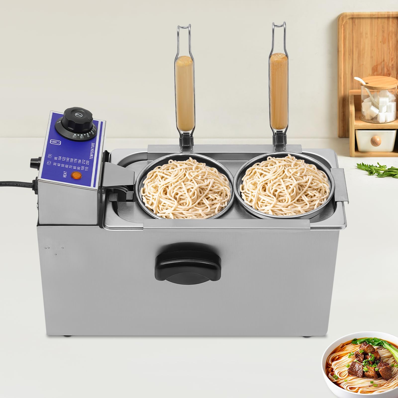 Máquina de cocción de fideos de 2 agujeros, cocina comercial para pastas, horno de fideos de 1,2 KW, herramienta de cocción de pasta, cocina de acero inoxidable con 2 coladores de fideos