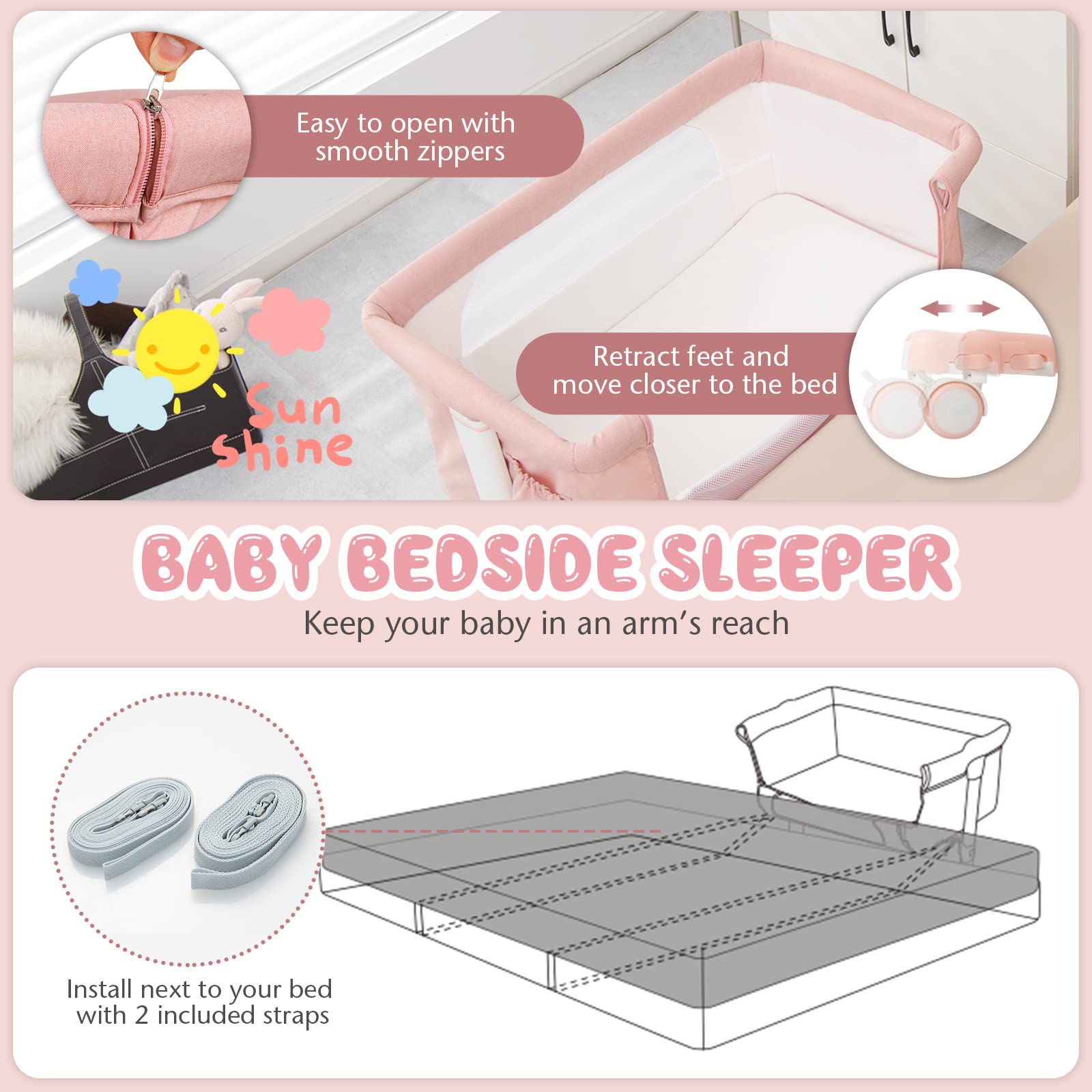 LIFEZEAL Berceau Cododo avec Roues Universelles et Matelas, Lit Parapluie Hauteur Réglable en 5 Positions, Lit d'Appoint avec Poche Latérale et Sac de Transport, 0-5 Mois (Rose)