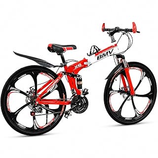Sunspeed BMV X6 Foldable Cruiser Unisex Bicycle | 26-Inch Red Bike with 21-Speed Gears,Dual Disc Brakes,Hydraulic Suspension,and Strong Carbon Steel Frame | Great for City Rides & Off-Road Adventures