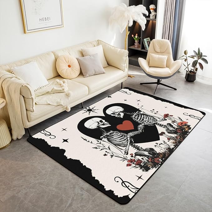 Erosebridal Couple Love Area Rug 3X5 Sugar Skull Pattern Skeleton Bones Indoor Floor Mat for Living Room,Skeleton Couple Accent Rugs Boho Gothic Decorative Non Slip Rug