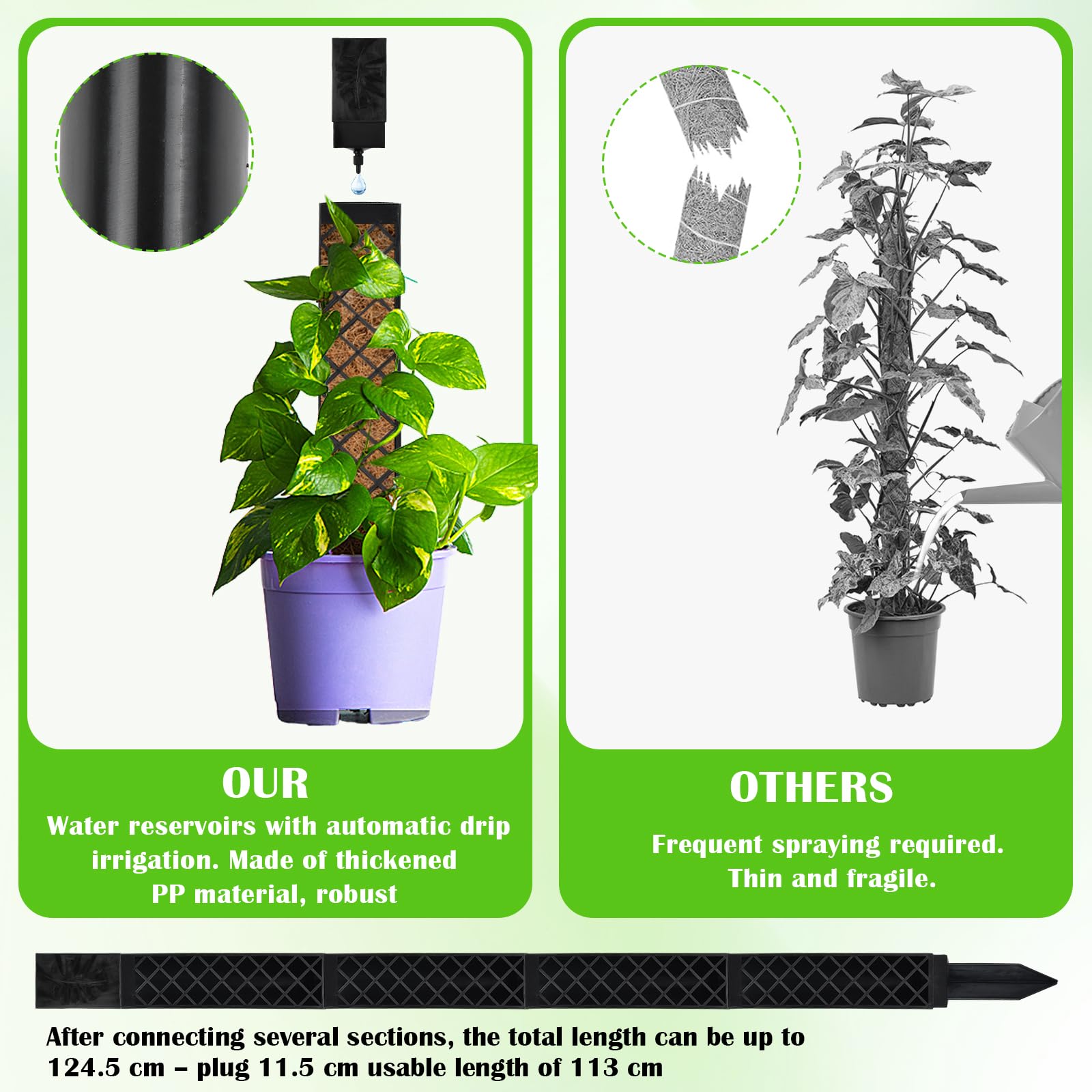 Pali di Muschio di Plastica Sfagno per Palo Moss Pole Muschio Bastoncini per Pianteimpilabili in Plastica con Piante Supporto per l'irrigazione Fascette, Bastone Muschio Autoirrigante, Nero