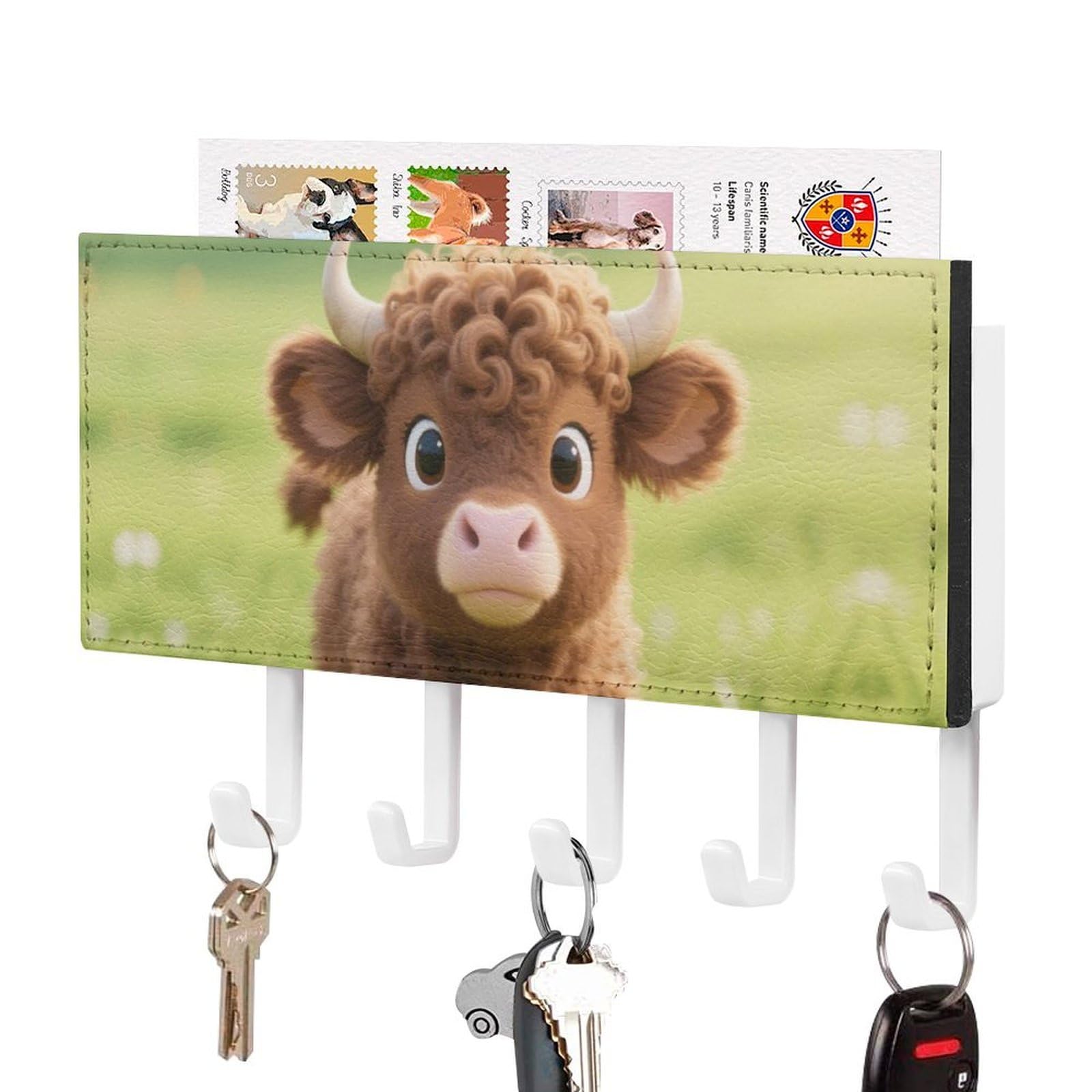 DWVTSLH Cow Key Holder for Wall, Decorative Key Hooks with Mail Organizer & 5 Hooks, Self Adhesive Leather Key Hanger for Entryway, Wall Mounted Key Rack (7.1” X 4.3” X 0.9”)