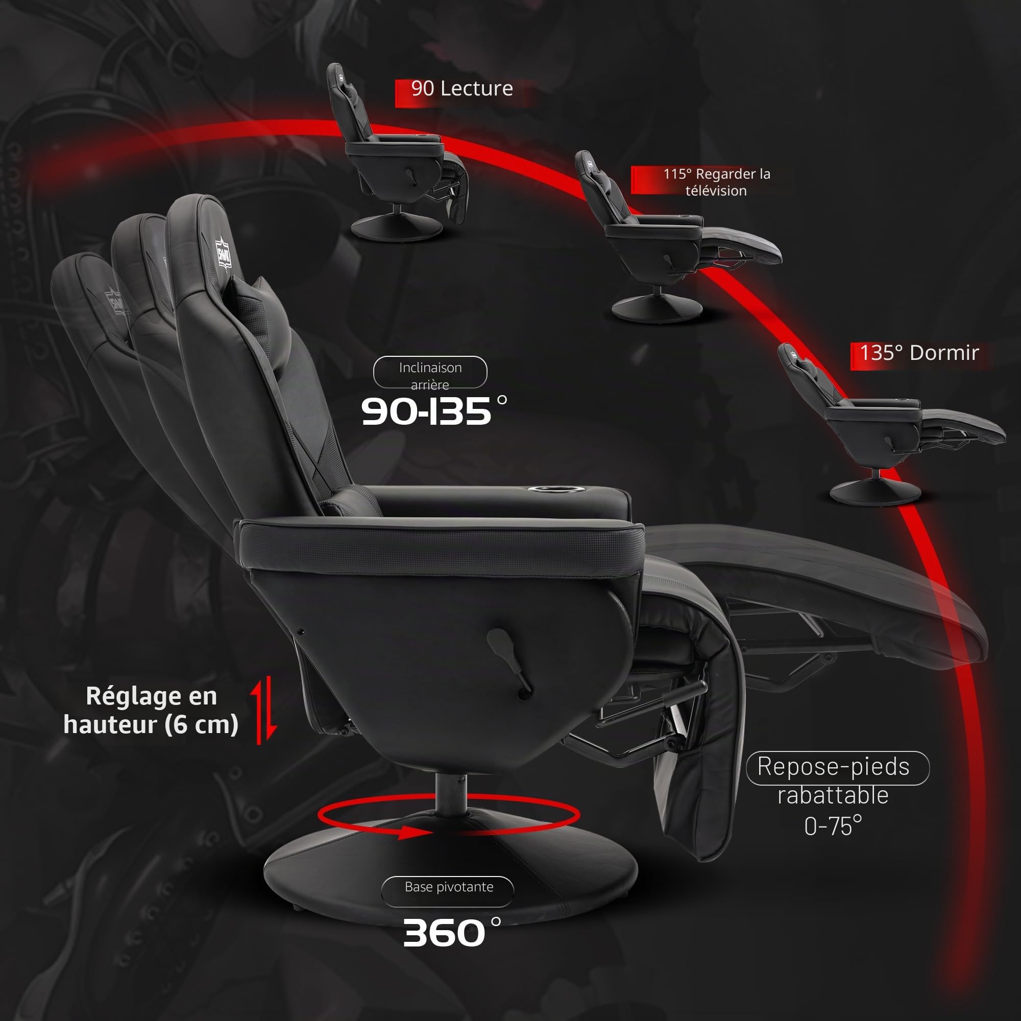 S*MAX Chaise Gaming Hauteur réglable avec Dossier Plus Haut et Support Lombaire Plus Large Chaise Gamer en Cuir PU avec Dossier et Repose-Pieds réglables Porte-gobelet Fauteuil Gaming Noir X Large
