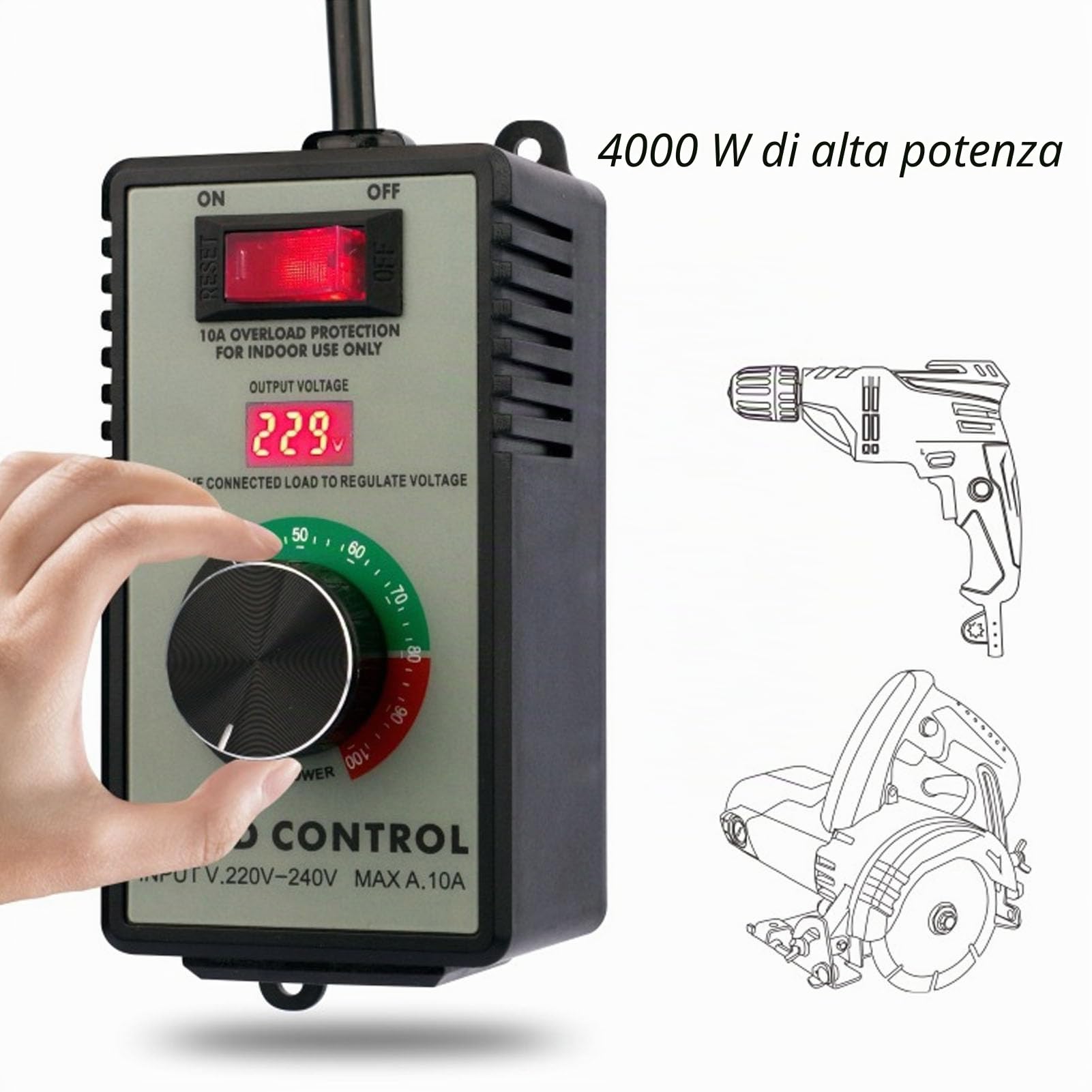 Regolatore di velocità del Motore CA da 4000 W Materiale ABS Regolatore di Tensione Elettronico da 220-240 V A 0-220 V 10 A Reostato Regolatore di velocità Variabile Regolazione